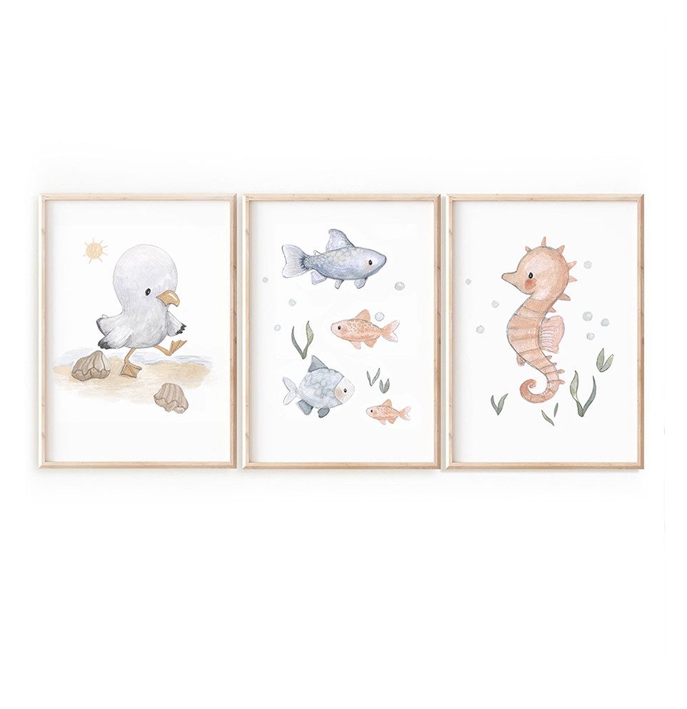 Pipapier Poster Posterset "Am Meer", Kinderposter mit Meerestieren /Küstentieren, Möwe am Strand, Fische, Seepferdchen Poster für Kinderzimmer