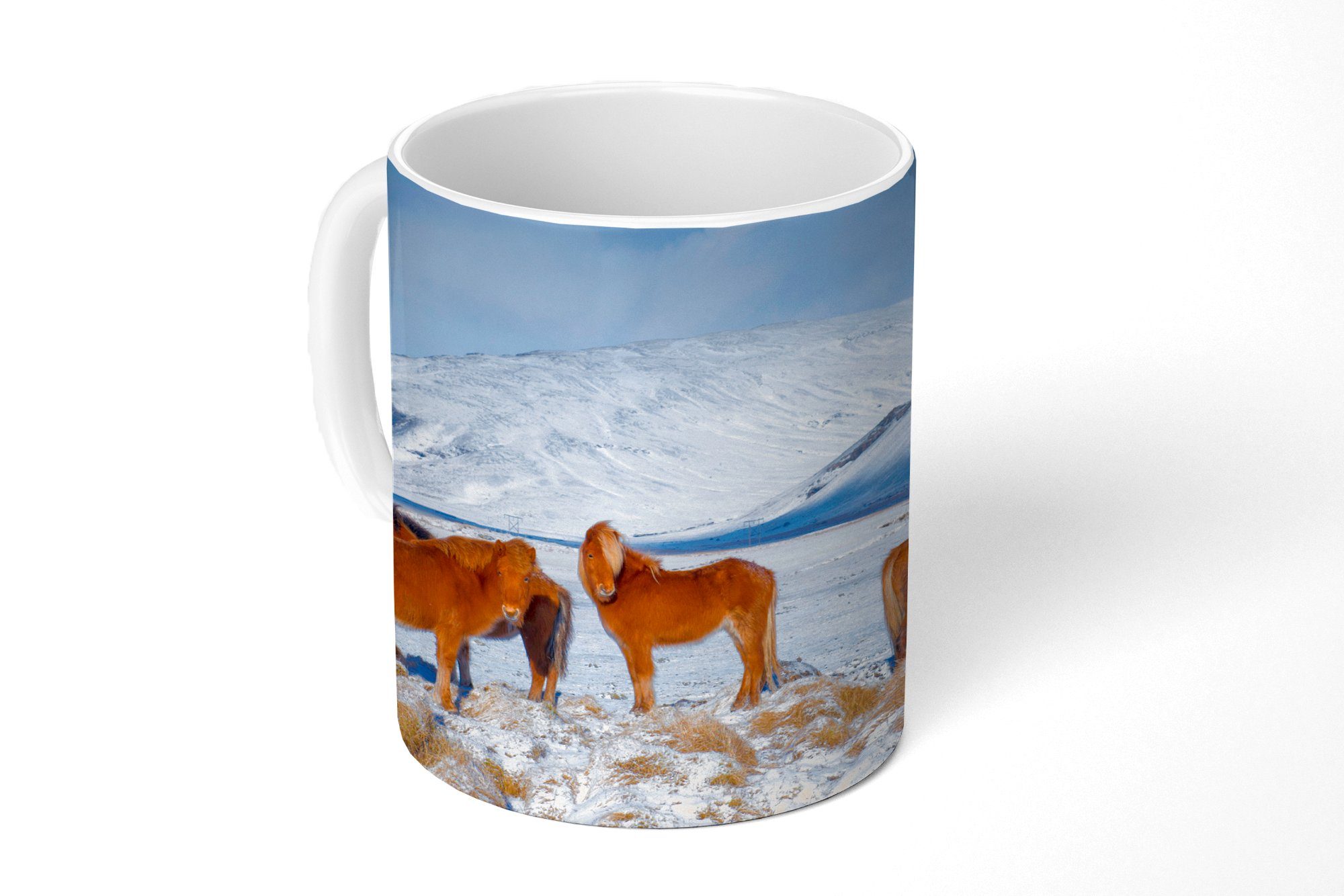 MuchoWow Tasse Verschneite Berge mit Isländerpferden, Keramik, Kaffeetassen, Teetasse, Becher, Teetasse, Geschenk
