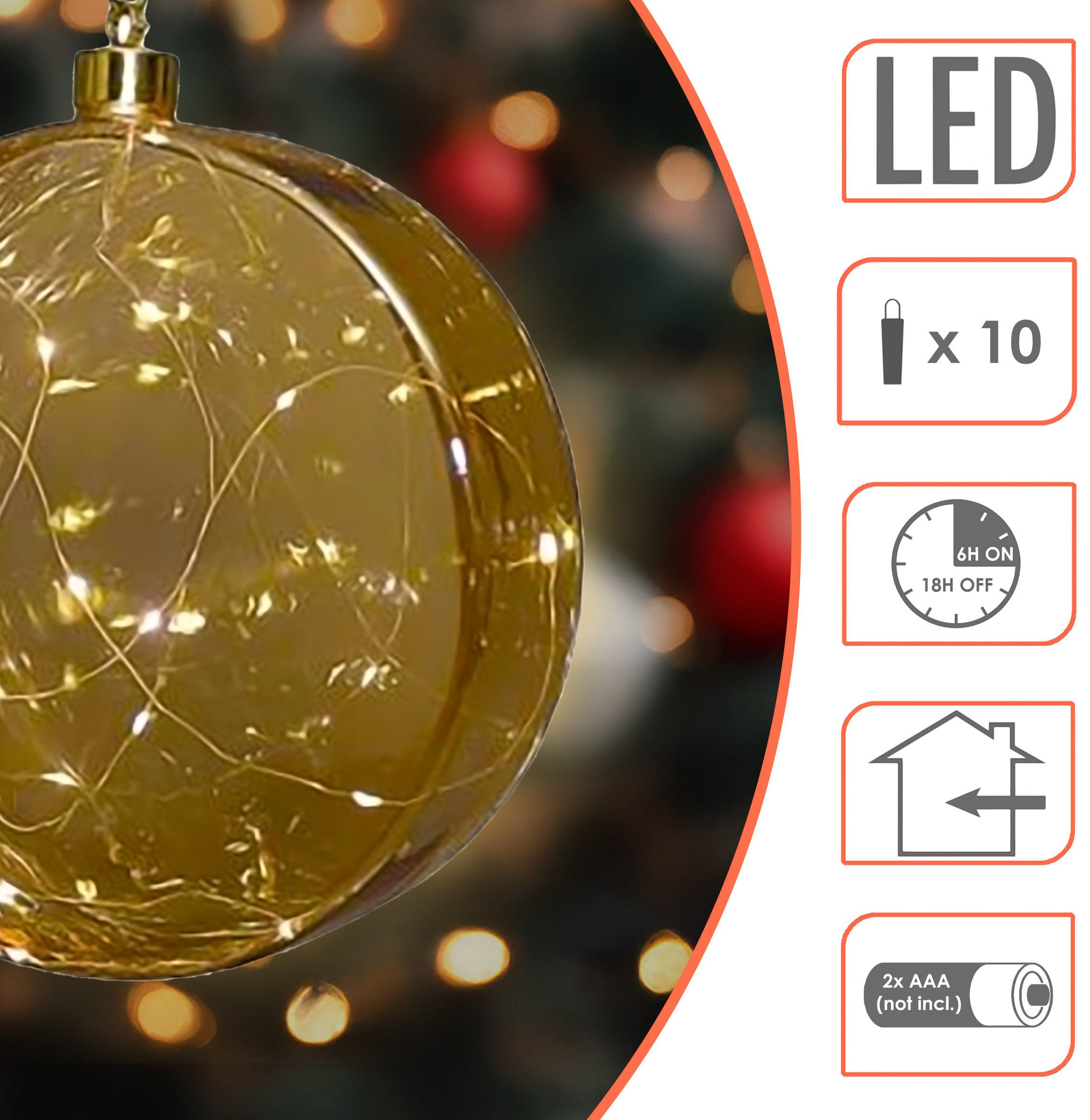 Spetebo LED Dekolicht Glas Disc 12 cm warm weiß beleuchtet, Timer, LED fest integriert, warm weiß, Weihnachtsdeko Kugel Batterie betrieben mit Timer