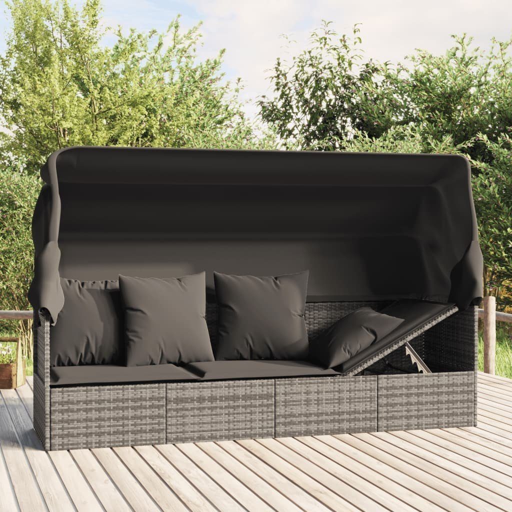 furnicato Gartenliege Outdoor-Loungebett mit Dach und Kissen Grau Poly Rattan