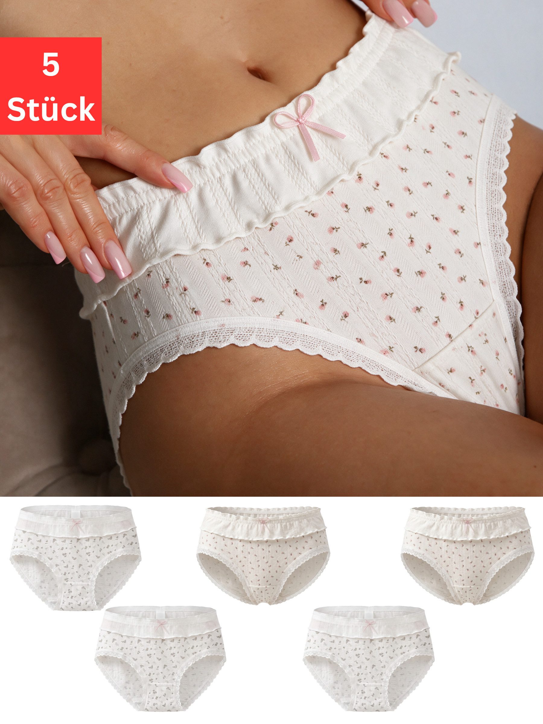Elegant Love Hipster Damen Baumwollslips mit Spitze – Weiche Panty Unterwäsche (Packung, 5-St., 5er-Pack) Florale Hüftslips, Rippstoff-Unterhosen, Komfortbund & Zierschleifen