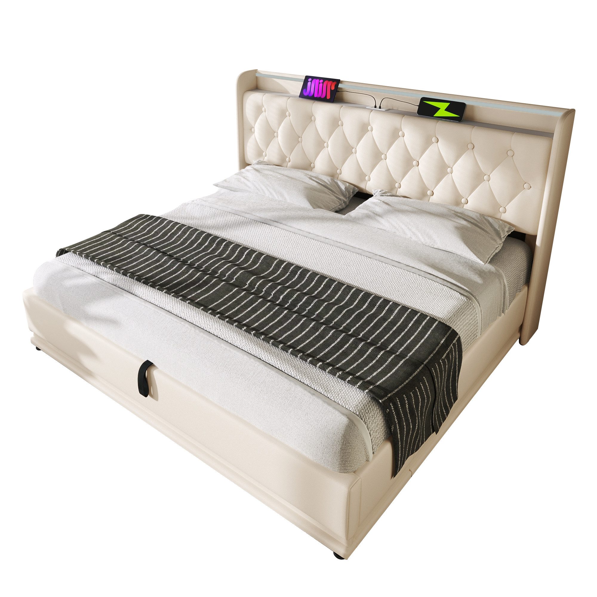 TavilaEcon Boxspringbett 160×200 & weitere Größen mit Bettkasten, hydraulischem Stauraum (1-St), Polsterbett mit gepolstertem Kopfteil, LED, USB Typ-C, 140×200, Weiß