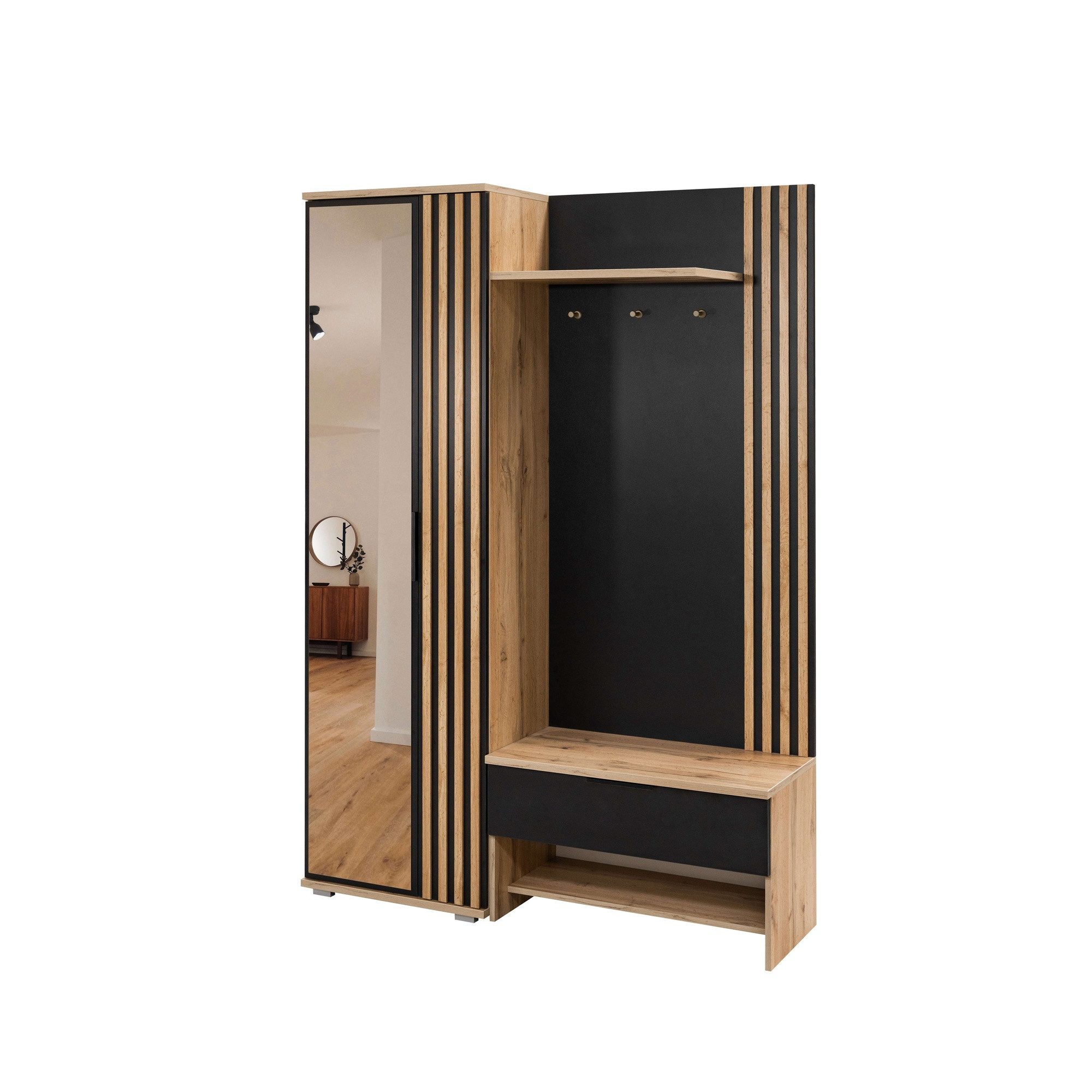 COMBO Kompaktgarderobe 140cm Garderobe Flur Sitzbank Schublade Haken Lamellen modern (Schrankmodul Kleiderstange 2 Regalböden 4 Haken) Komplett Flurgarderobe Sitzbank Schublade Lamellen modern stilvoll