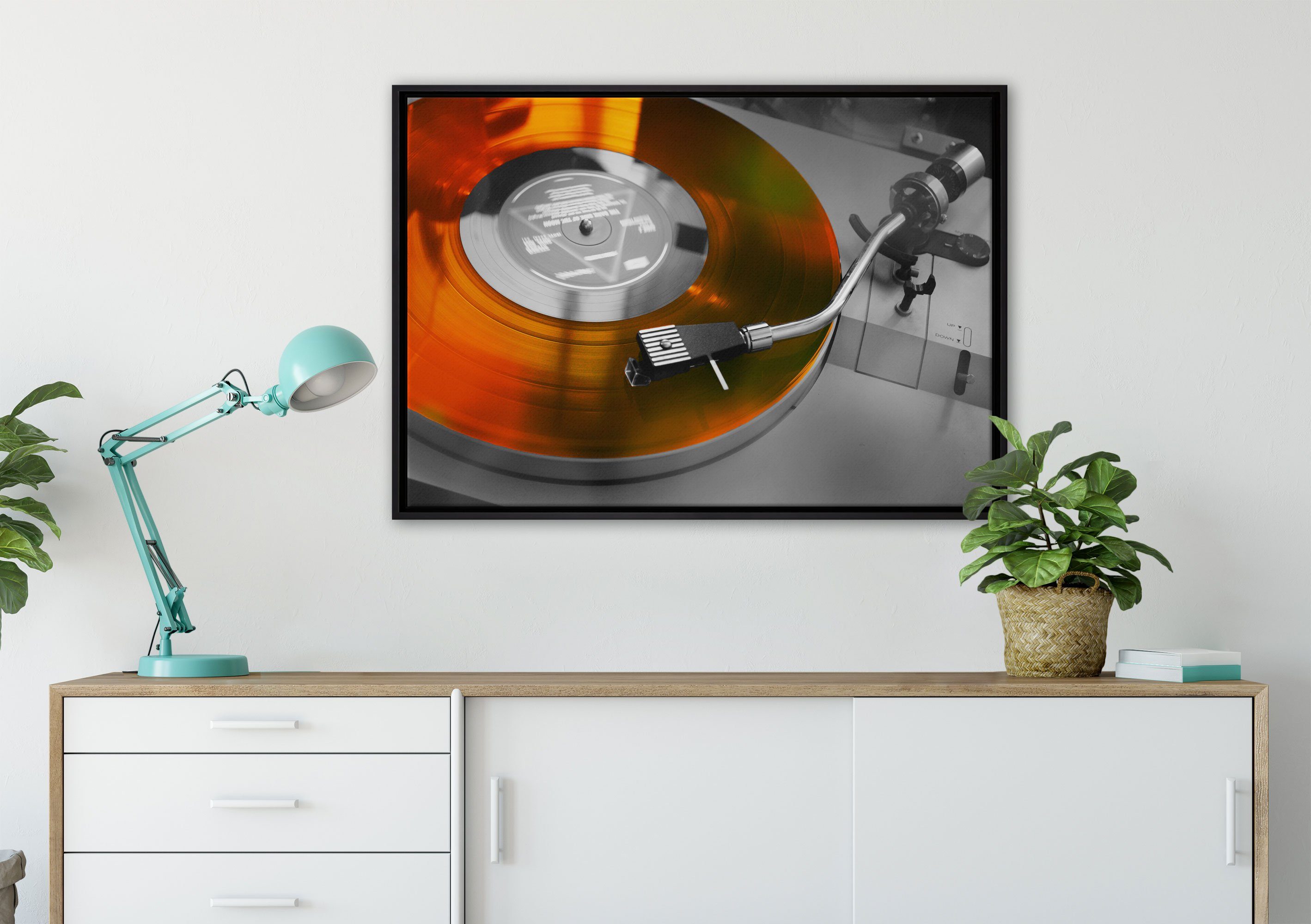 Pixxprint Leinwandbild alter fertig bespannt, Zackenaufhänger Leinwandbild Schallplattenspieler, St), in gefasst, einem Schattenfugen-Bilderrahmen (1 inkl. Wanddekoration