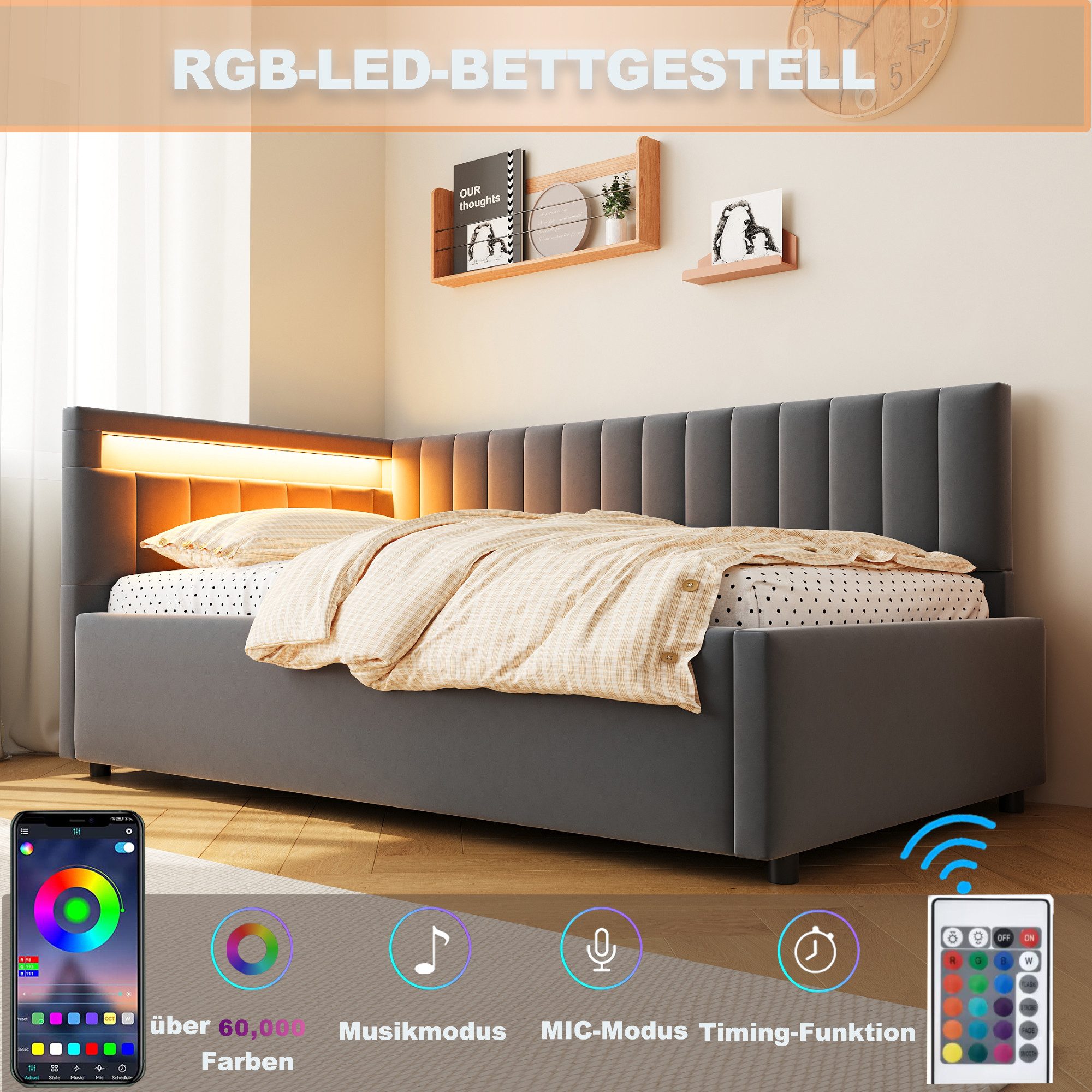 Odikalo Stauraumbett Einzelbett mit Bettkasten und Gasdruckfeder, LED-Beleuchtung 90x200 cm – Bild 3 von 5