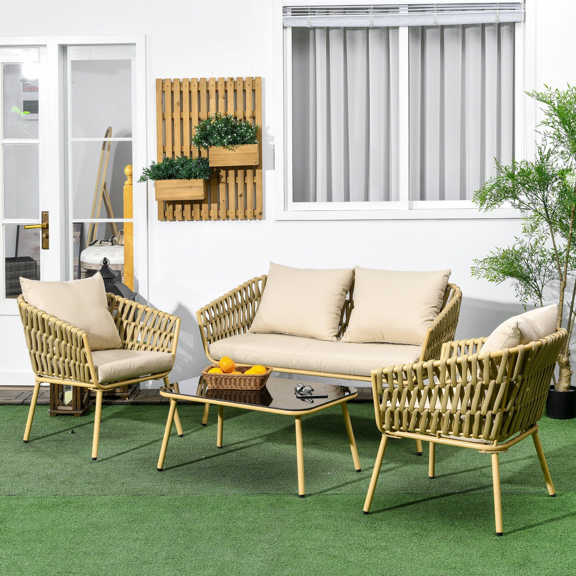 Outsunny Sitzgruppe Gartenmöbel-Set mit 1 Couchtisch, 2 Sesseln, 1 Doppelsofa, (Gartengarnitur, 4-tlg., Sitzgarnitur), für Garten, Terrasse, Stahl, Khaki