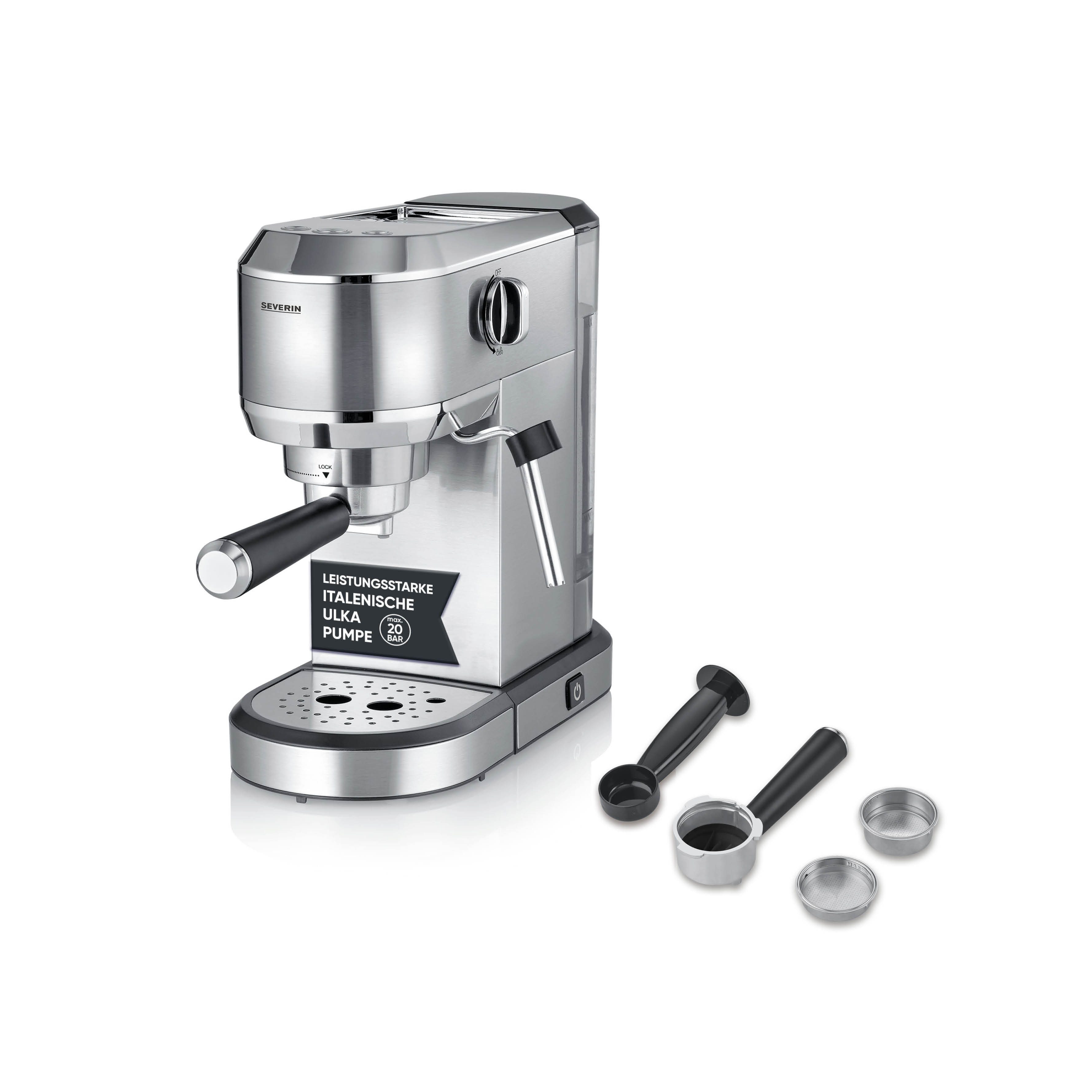Severin Siebträgermaschine KA 5997 Espressomaschine „Newspresa“, Espressomaschine, italienische ULKA-Pumpe 20 Bar, Milchaufschäumdüse