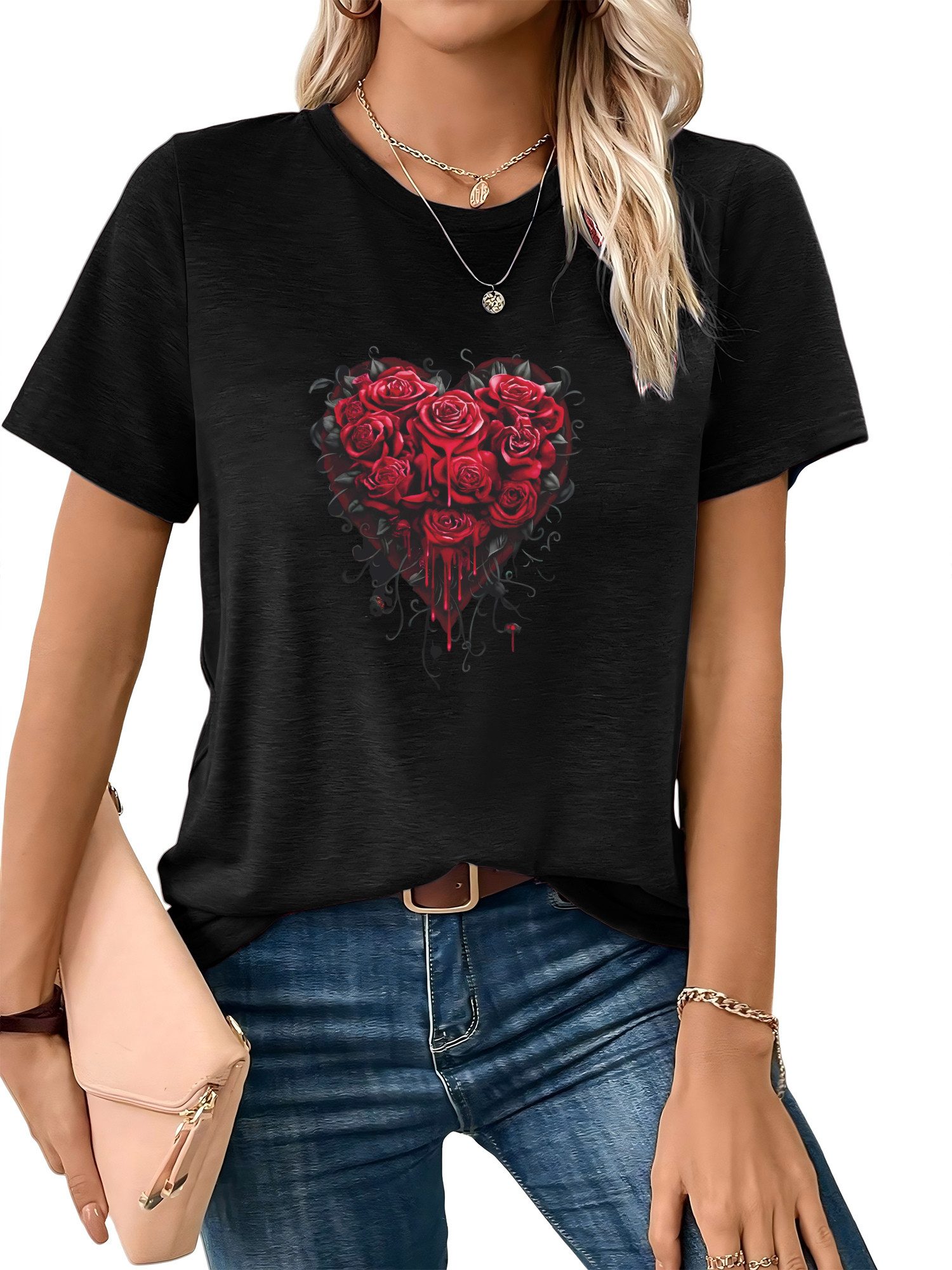 PYLIKE Kurzarmbluse Damen bequemes Casual T-Shirt Kurzarm MIT Rose Druck