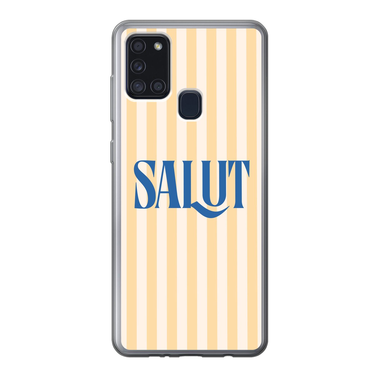 MuchoWow Handyhülle für Samsung Galaxy A21s Salut - Zitat - Streifen - Gelb - Blau - Weiß, Smartphone-Bumper, Print, Handy Schutzhülle Dünn