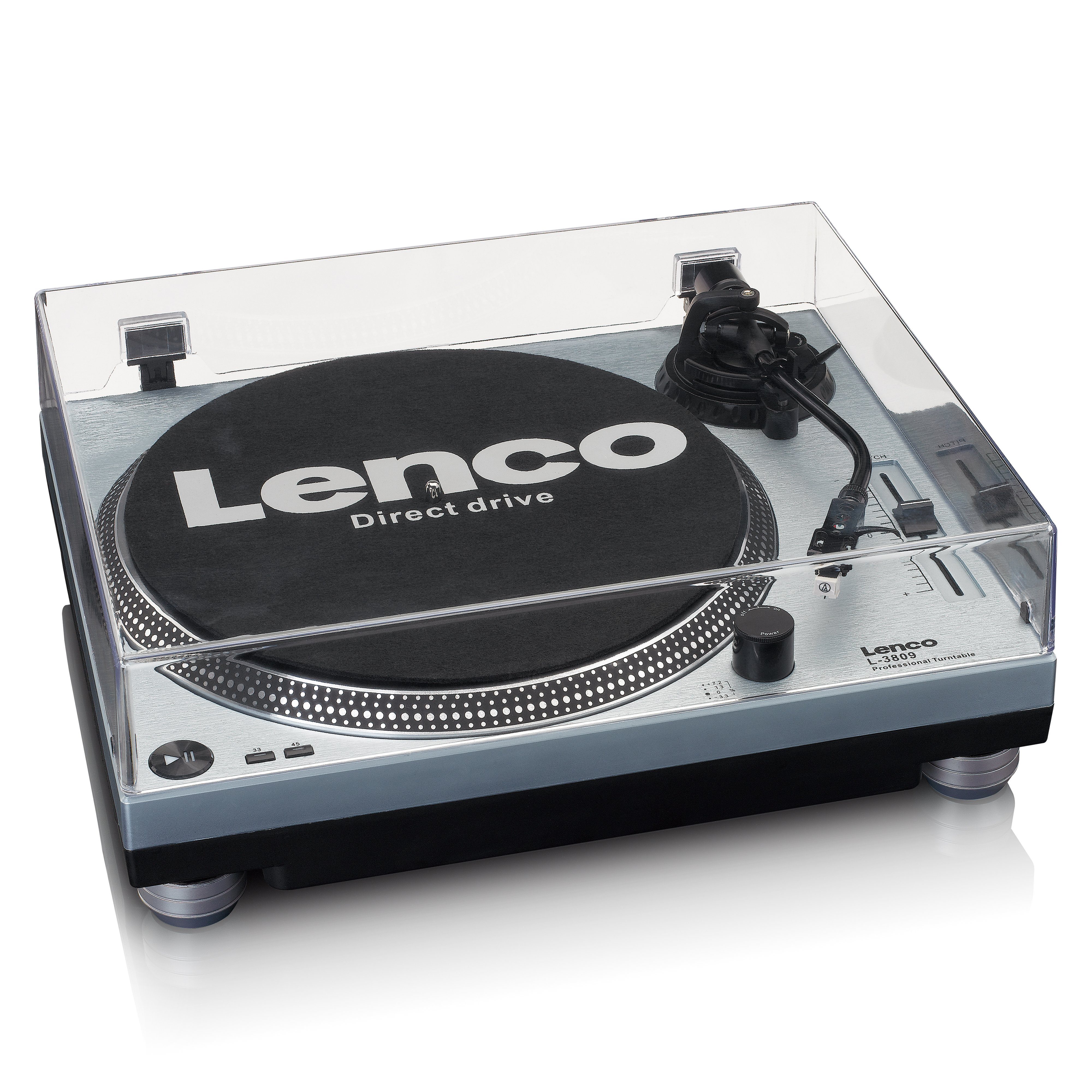 Lenco L-3809ME Plattenspieler (Direktantrieb, USB/PC-Encoding, Pitch Control & Phono-Vorverstärker inkl. Staubschutz)