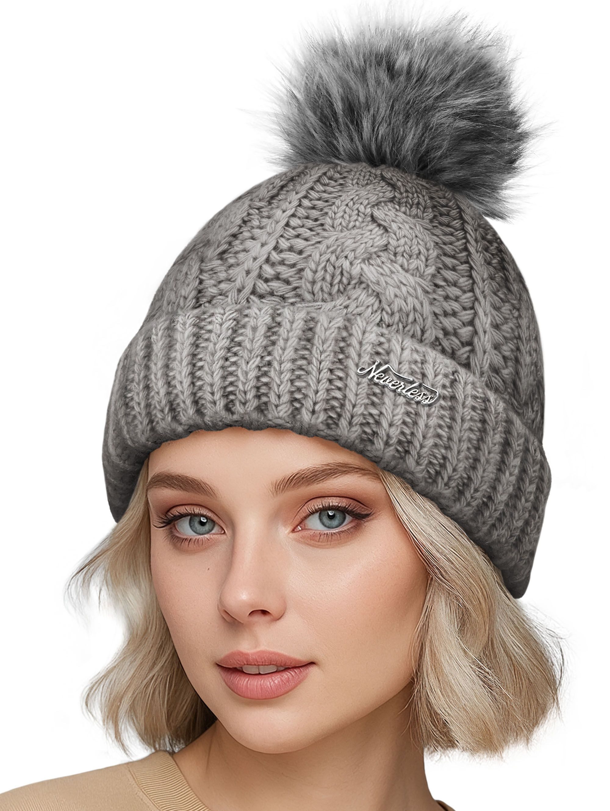Neverless Bommelmütze Damen Strick-Mütze gefüttert Fell-Bommel günstig online kaufen