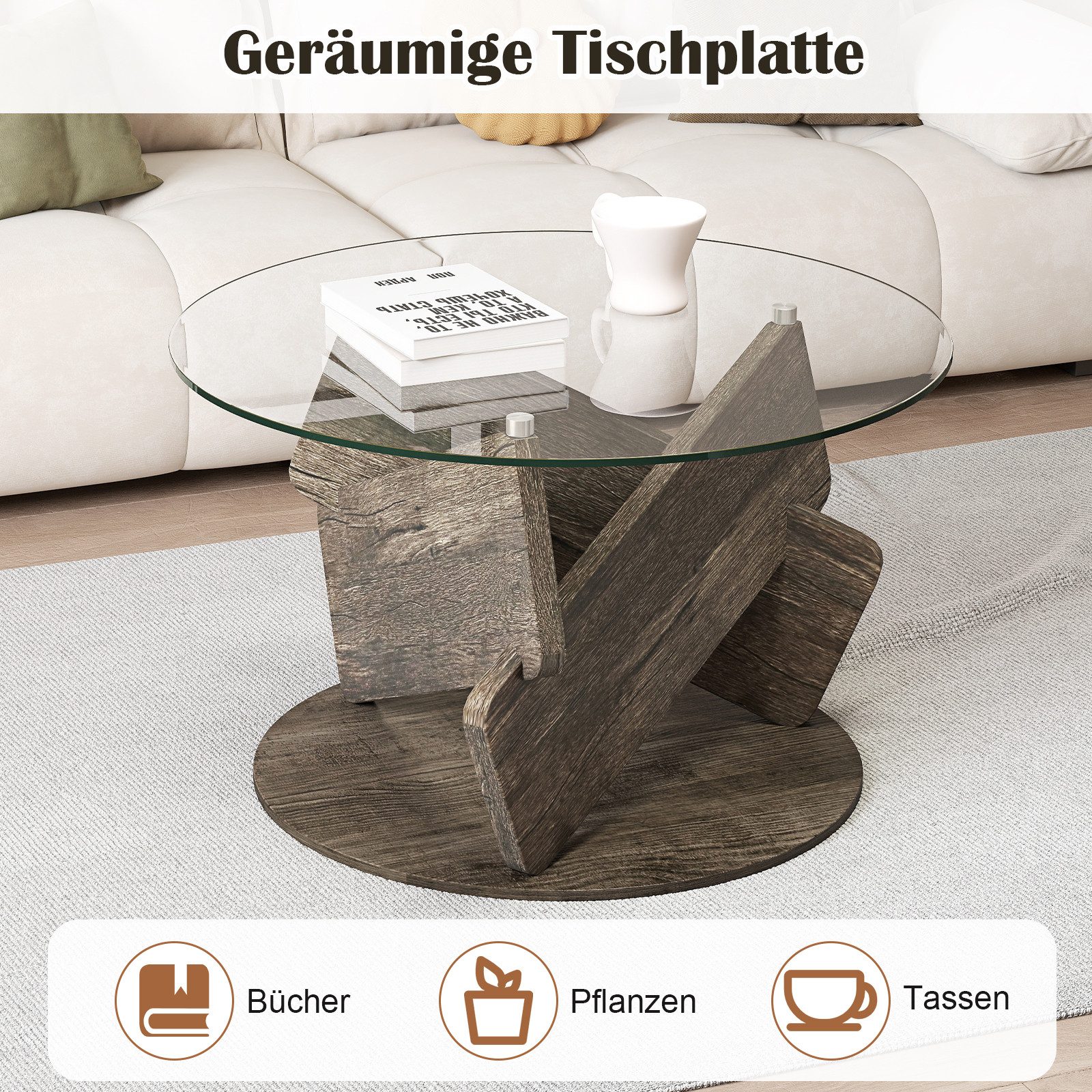 COSTWAY Couchtisch, runder Glastisch, Bestelltisch Massivholz ∅81cm x 49cm