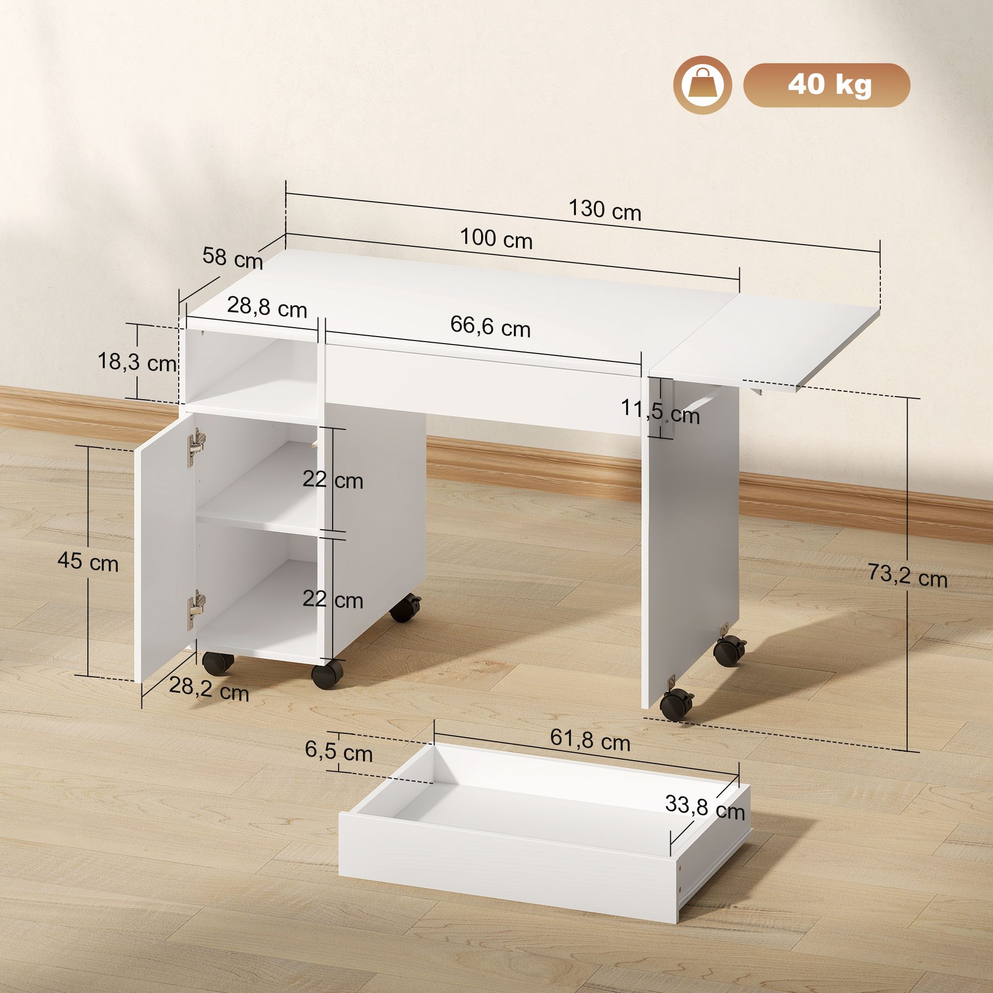 HOMCOM Schreibtisch Aufbewahrungstasche (Klappschreibtisch, 1-St., Platzsparend Computertisch), für Arbeitszimmer, Wohnzimmer, Weiß