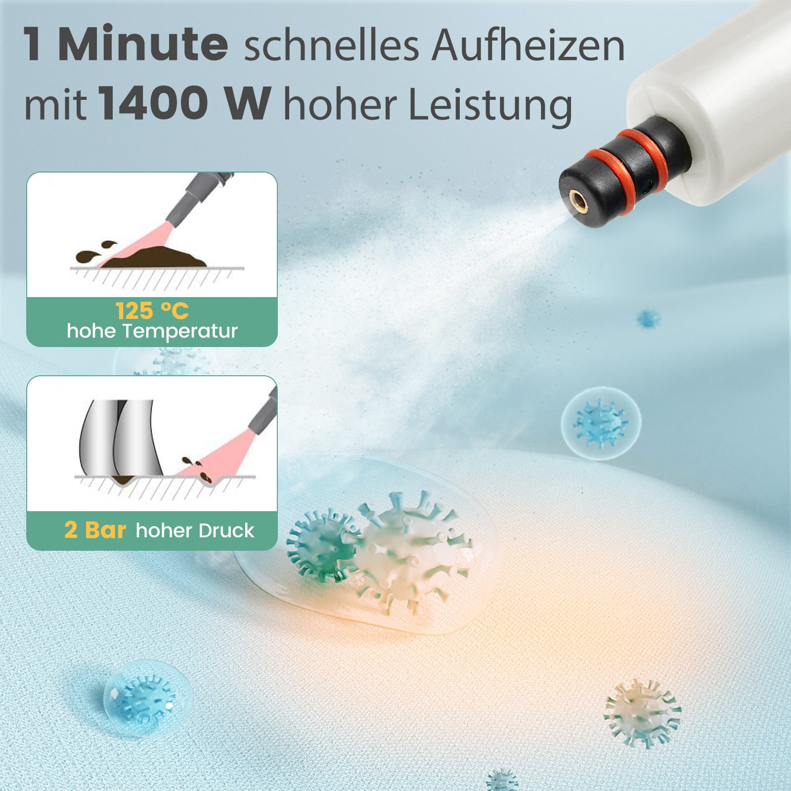COSTWAY Dampfreiniger, 1400 W, 2 Bar, 125℃, Handgerät mit 14 Zubehörteilen