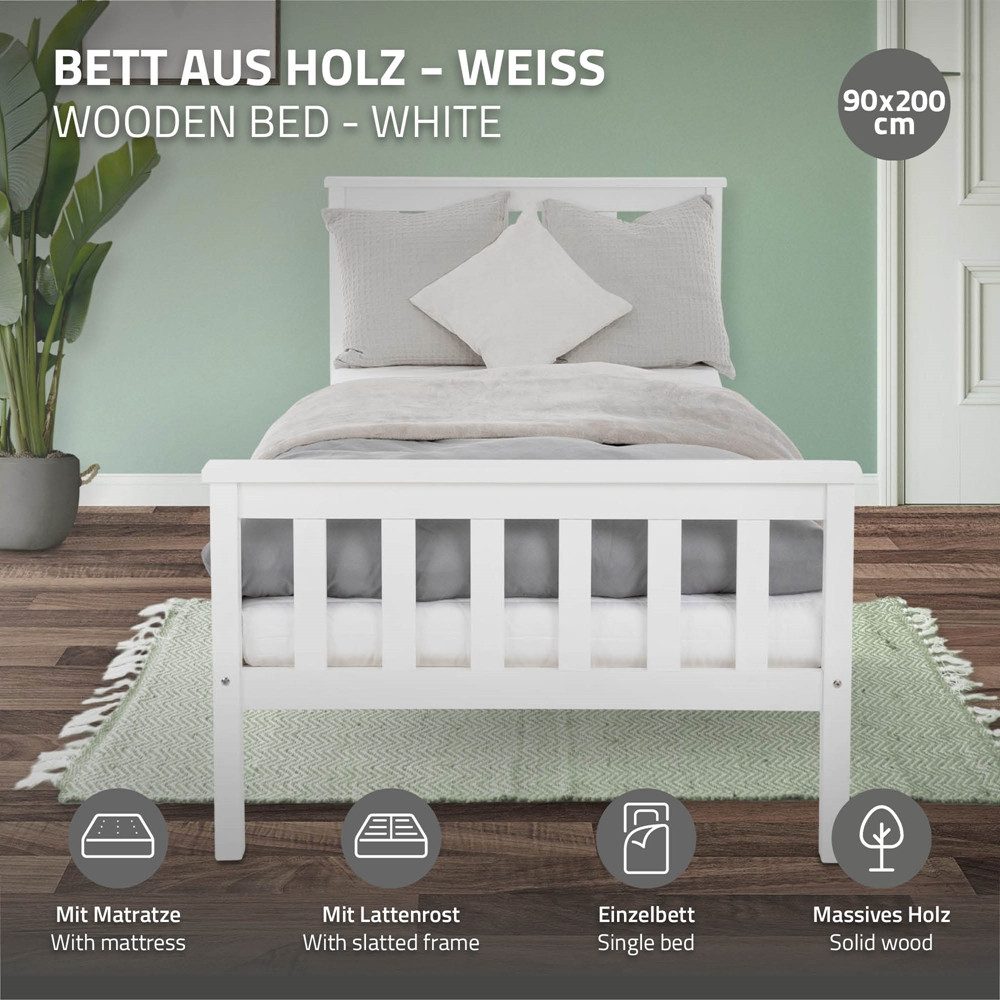 ML-DESIGN Bettgestell Holz Tagesbett, Jugend Einzelbett mit Kopf- & Fußteil, Holzbettgestell, Kinderbett, Bettrahmen Massivholz Bett Jugendbett Kiefer Weiß