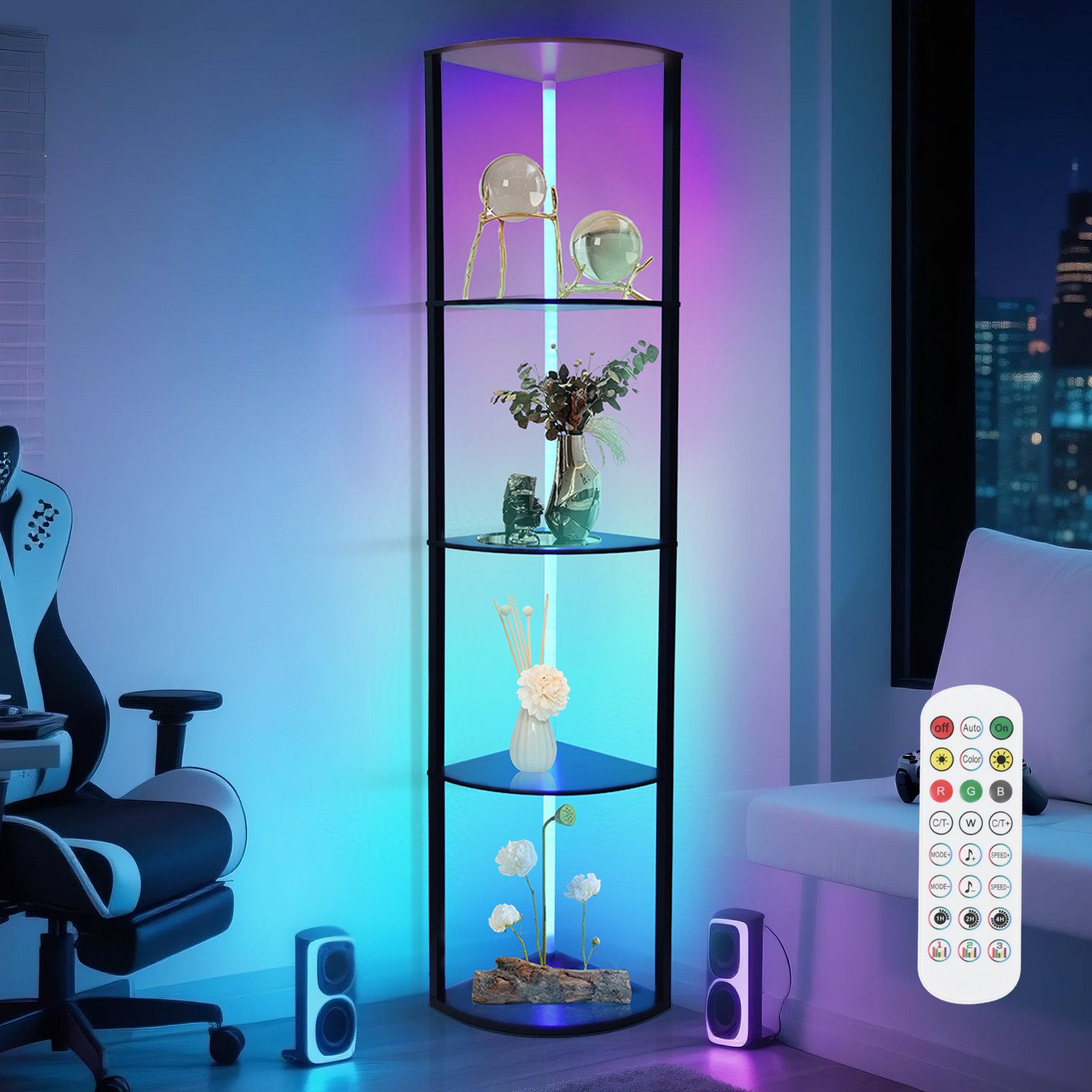 XIIW Eckvitrine LED Eckregal Standregal Bücherregal Vitrine mit Fernbedienung Smart (5 Etagen, 30×30×162 cm, Stehlampe Stehleuchte Regal aus Holz) für Wohnzimmer Schlafzimmer Flur Büro