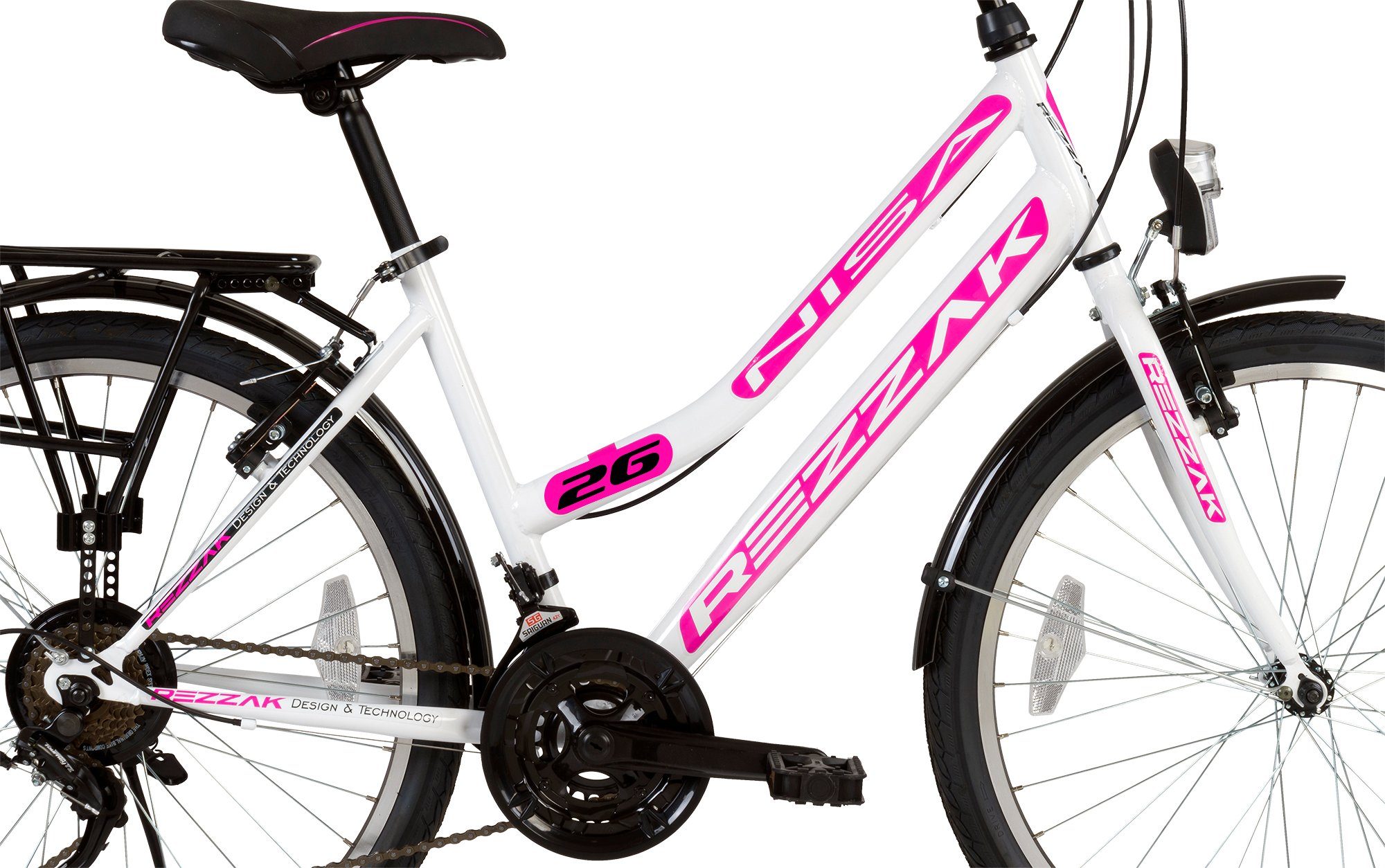 Rezzak Cityrad 26 Damen Mädchen Weiss Pink, Gang 21 Gang Kettenschaltung 21 Schaltung Fahrrad Zoll Fahrrad Shimano
