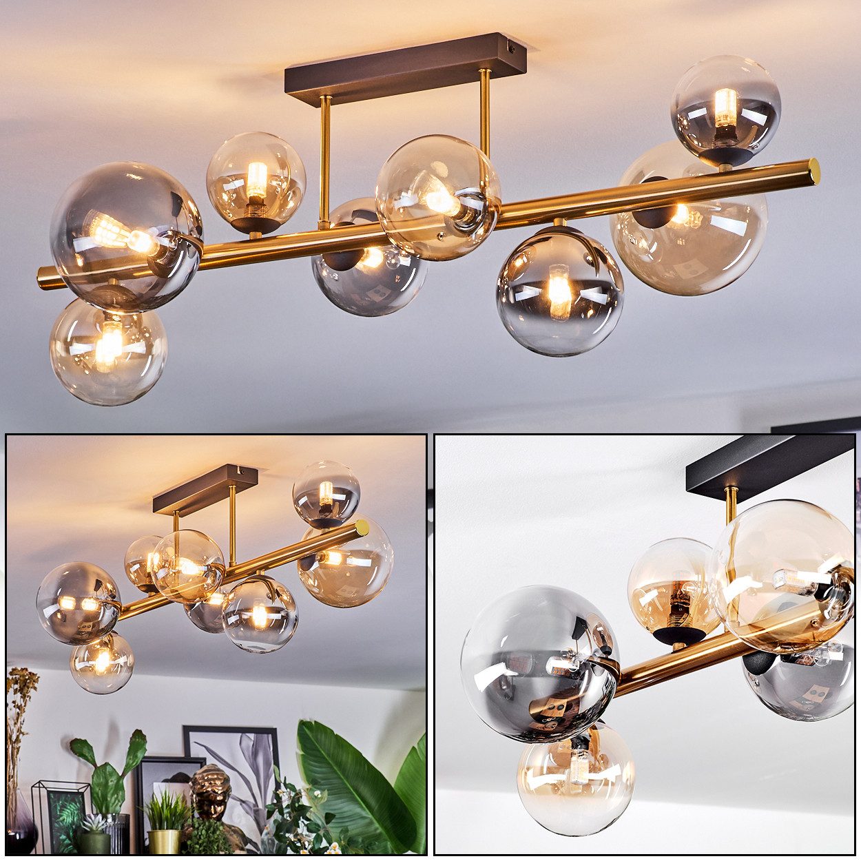 hofstein Deckenleuchte Deckenlampe aus Metall/Glas in Schwarz/Gold/Rauch/Bernstein/Klar, ohne Leuchtmittel, moderne Deckenleuchte im Vintage-Design (Schirme 10; 12; 15cm), 8xG9