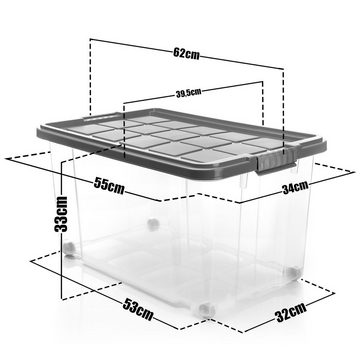 BigDean Aufbewahrungsbox 2x 60 L Aufbewahrungsbox mit Deckel + Rollen stahlgrau Stapelbox