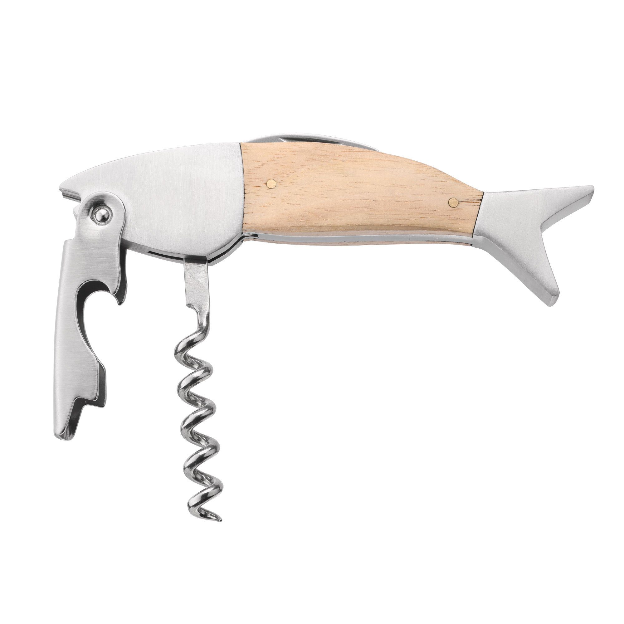 Schlüsselanhänger Weinöffner im Fisch Design Holz Edelstahl Kellnermesser
