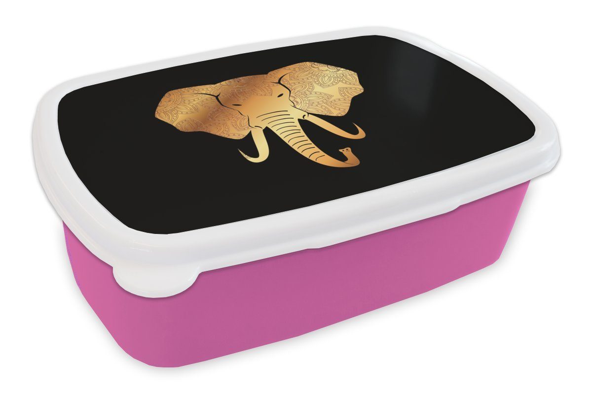 MuchoWow Lunchbox Elefant - Tasse - Gold - Muster, Kunststoff, (2-tlg), Brotbox für Erwachsene, Brotdose Kinder, Snackbox, Mädchen, Kunststoff rosa
