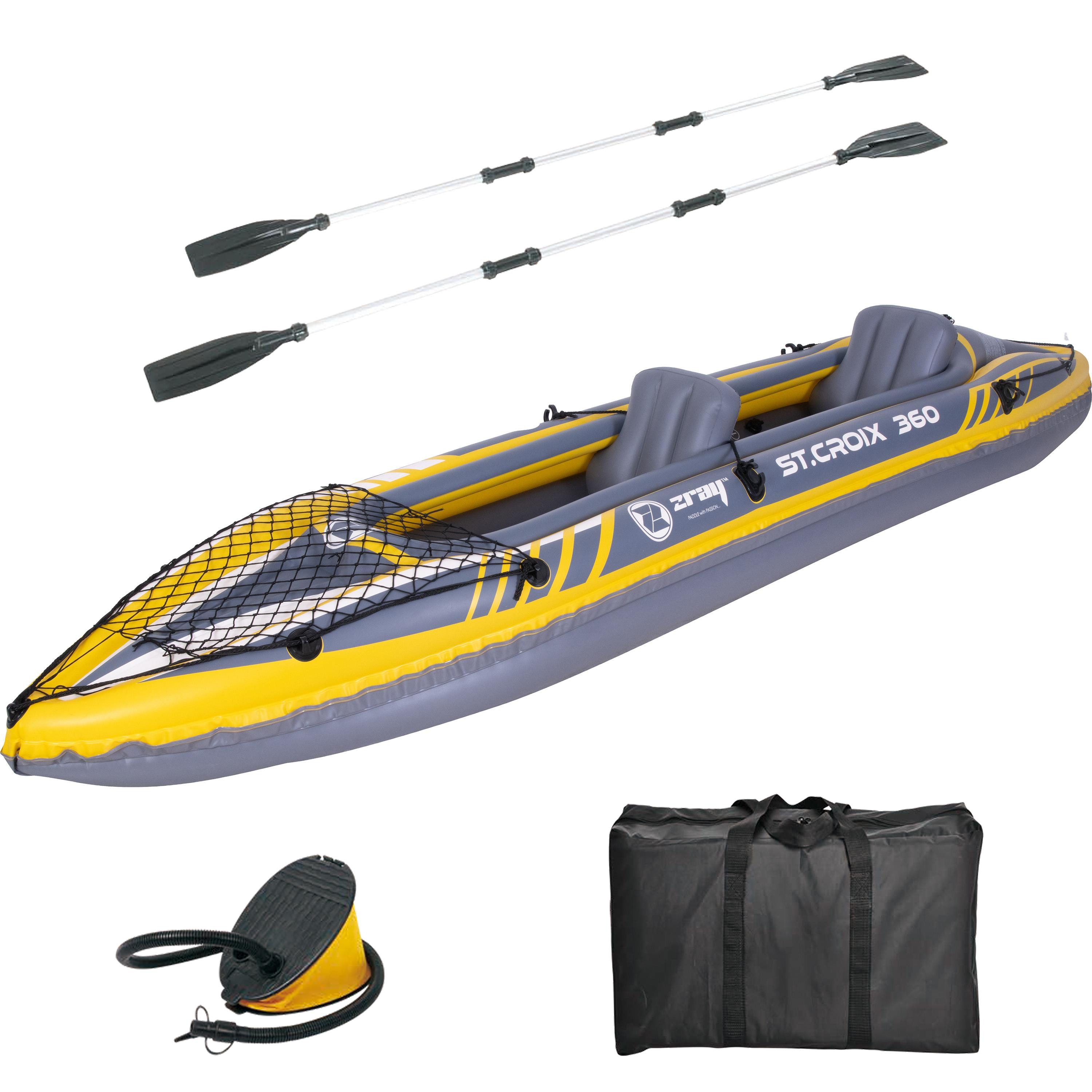 zray Sit-on-Top Kajak ST.CROIX 360 Kayak Set für 2 Personen 350x78x52 cm, (Komplettset, 7-St), mit Tasche, Fußpumpe, 2 Sitze und 2 Kajakpaddel