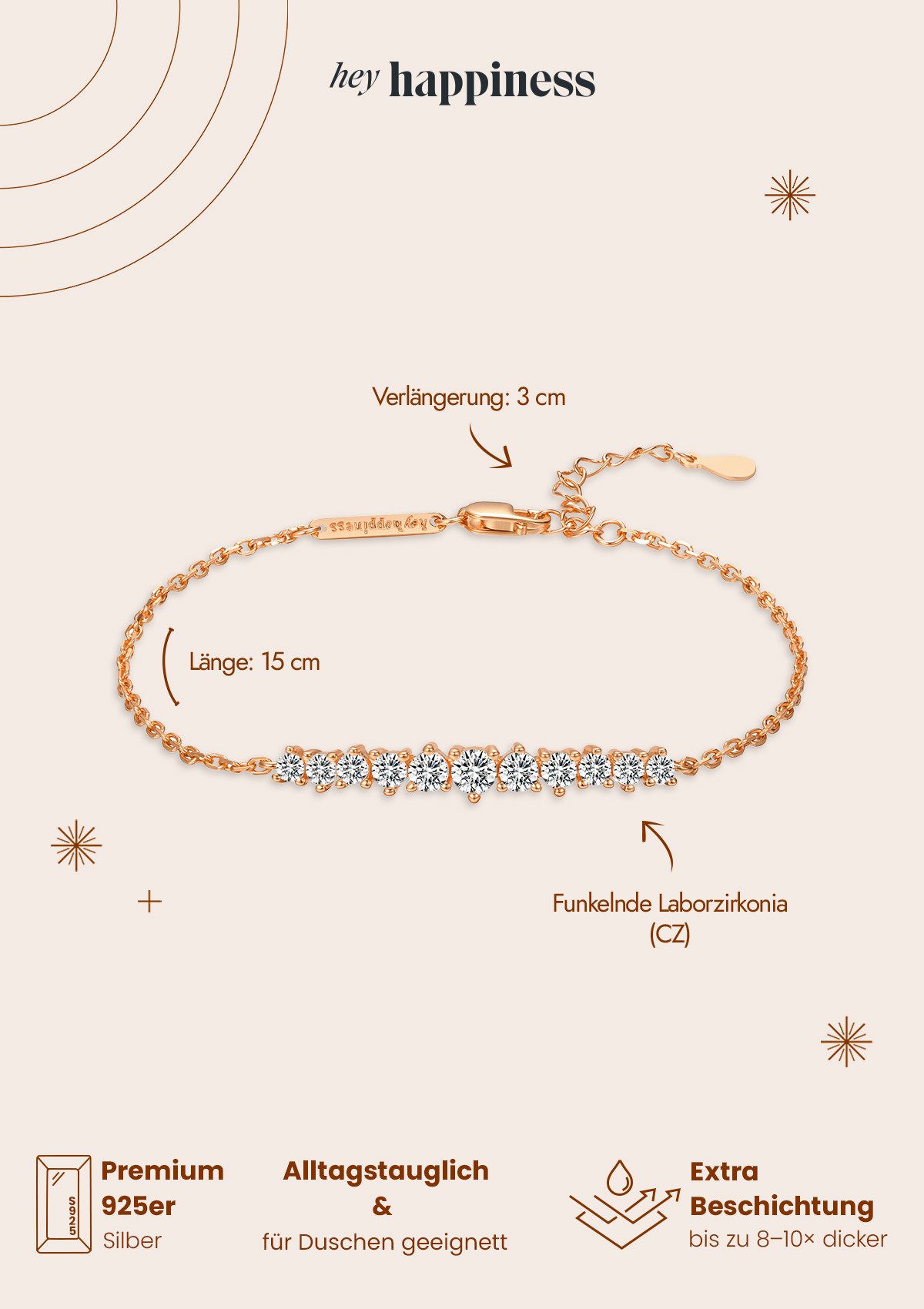 Hey Happiness Tennisarmband Kristalle Herz/ Kreis, zur Auswahl, 925er Silber Damen Armkette Zirkonia, Brautschmuck