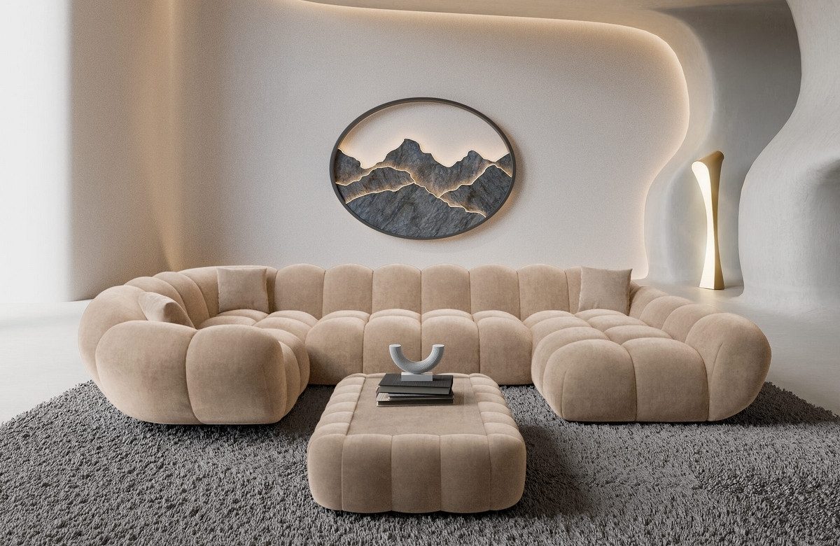 Sofa Dreams Wohnlandschaft Maleron U Form Design Stoffsofa, Stoff Polsterecke, 6-Sitzer, Ottomane rechts, Samtstoff Beige