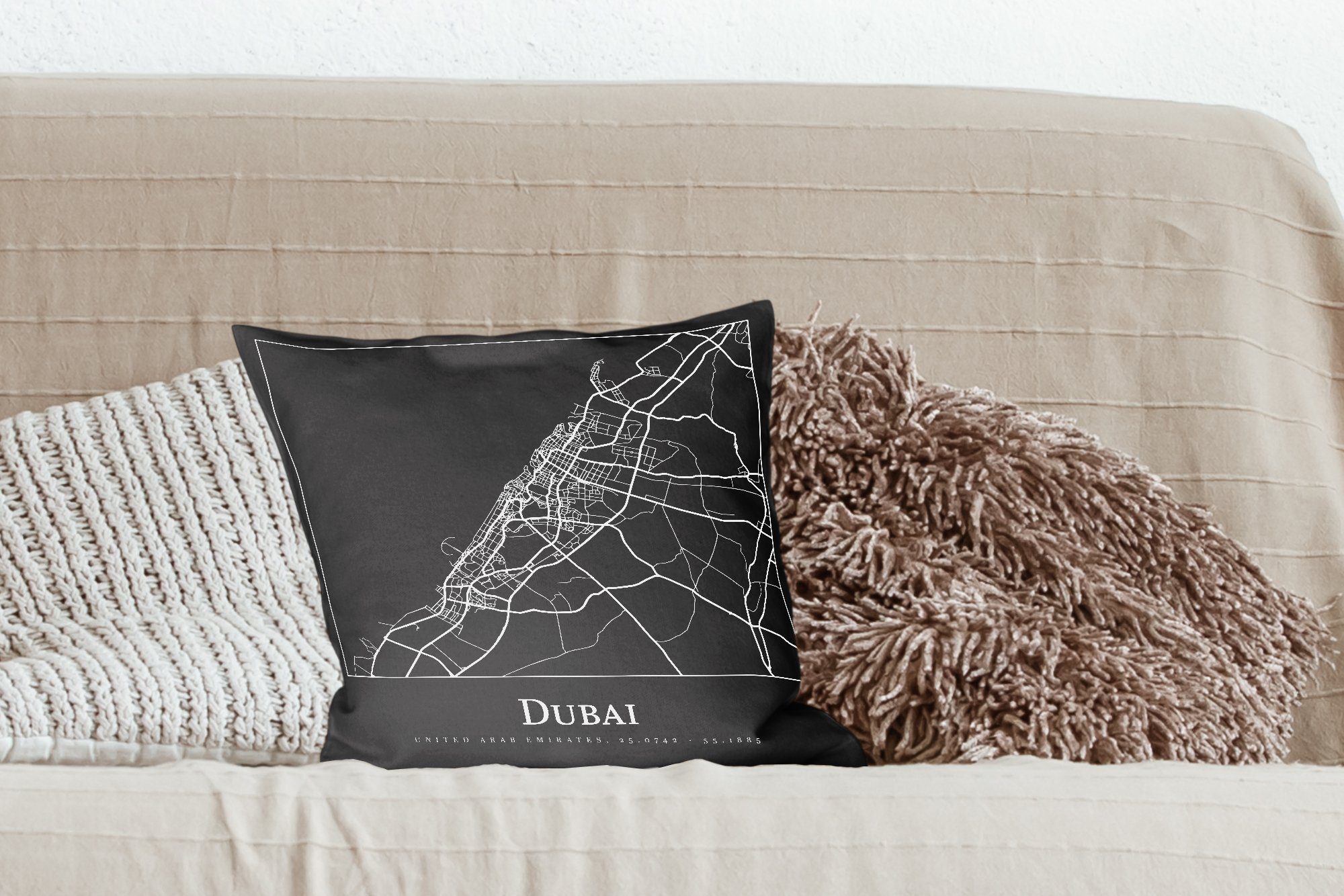 MuchoWow Dekokissen Stadtplan Schlafzimmer, Sofakissen mit für - Füllung Dubai - Zierkissen Wohzimmer, Karte, Deko