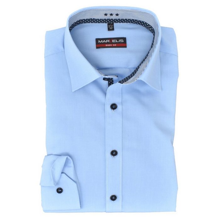MARVELIS Businesshemd Businesshemd - Body Fit - Langarm - Einfarbig - Hellblau mit Besatz Kontrastknöpfe