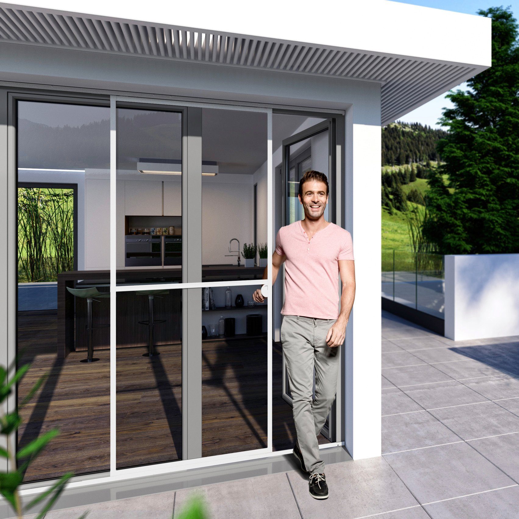 Windhager Insektenschutz-Schiebetür Expert, Fliegengitter für große doppelflügige Terrassentüren, (1-St), Schiebetür für Balkon,120 x 240 cm, erhältlich in anthrazit oder weiß