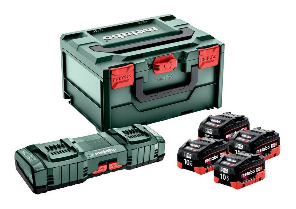 metabo Akku Starter-Set, Basis Akkuset 4 x 10 Ah LiHD u. Schnellladegerät ASC 145 Duo in