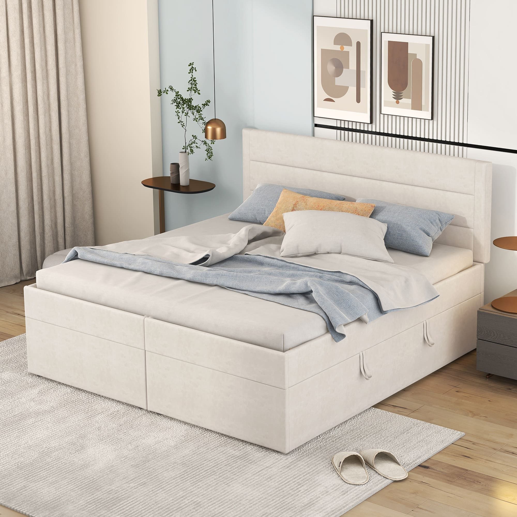 Ulife Upholstered Bed 140x200 with Metal Frame & Storage Space (Beige)