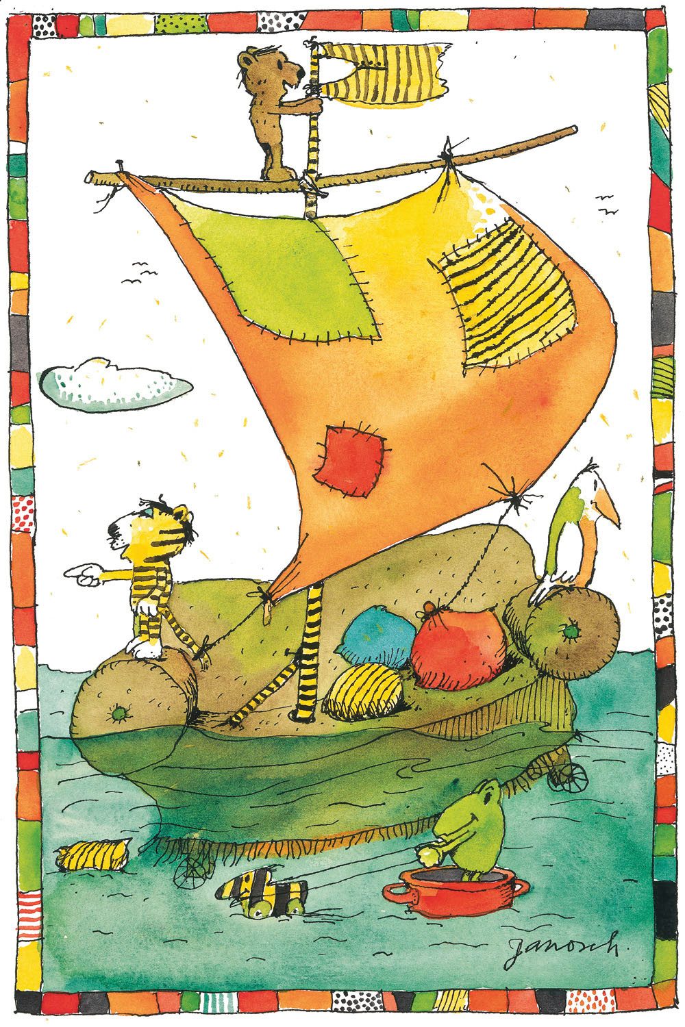 LuckyLinde Leinwandbild Der kleine Bär und der kleine Tiger auf dem Segelboot, Bär, Bären, Ente, Enten, Figuren, Filmfiguren, Natur, Schiffe, Teddy, Tiere, Tiger, little star (1 St), Exklusive JANOSCH Kindermotive