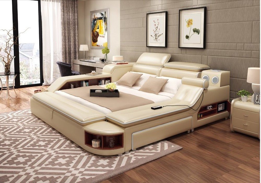 JVmoebel Multimediabett Multifunktionales Bett aus Kunstleder mit Massagefunktion und USB, Made in Europa