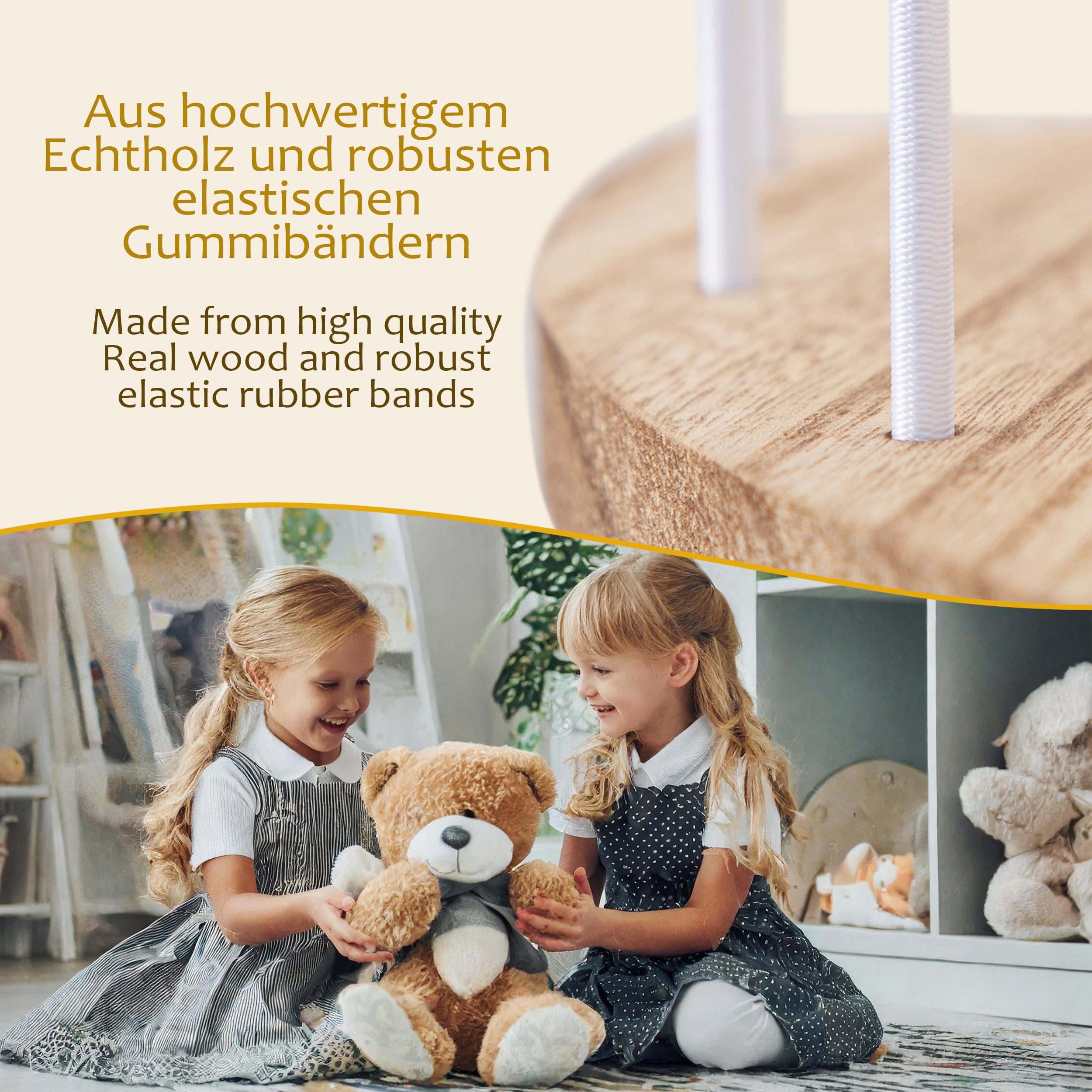 ONVAYA Kinderregal Kuscheltier-Regal ǀ platzsparend ǀ Echtholz mit Gummibändern
