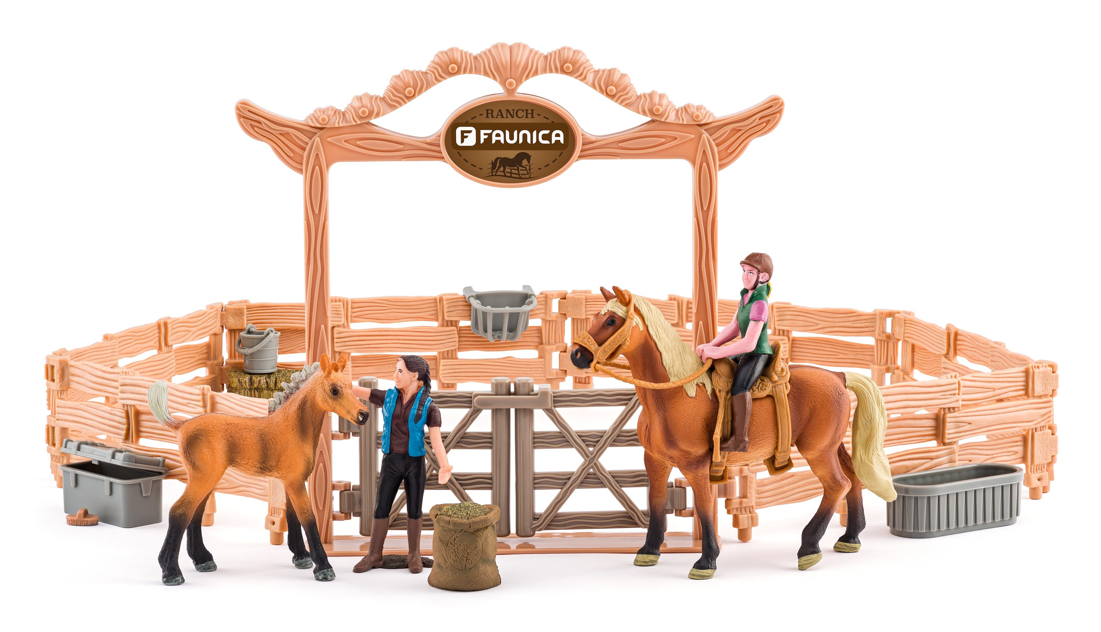 Woodyland Lernspielzeug Faunica Spielset Pferderanch mit Pferd, Fohlen und Zubehör, Set`s der Reihe Faunica kombinierbar