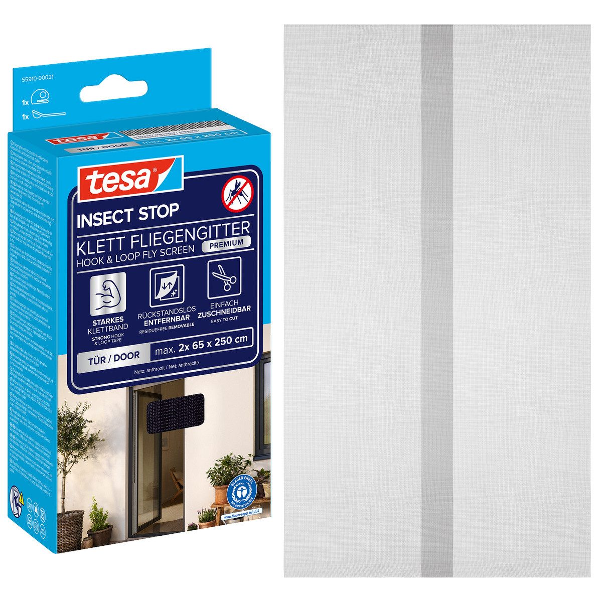 tesa Insektenschutz-Tür Klett Fliegengitter Premium für Türen - ohne Bohren, (Packung, 1-St., Fliegennetz, Klettband), selbstklebende Insektenschutz - (2 x 65cm)120cm x 250cm