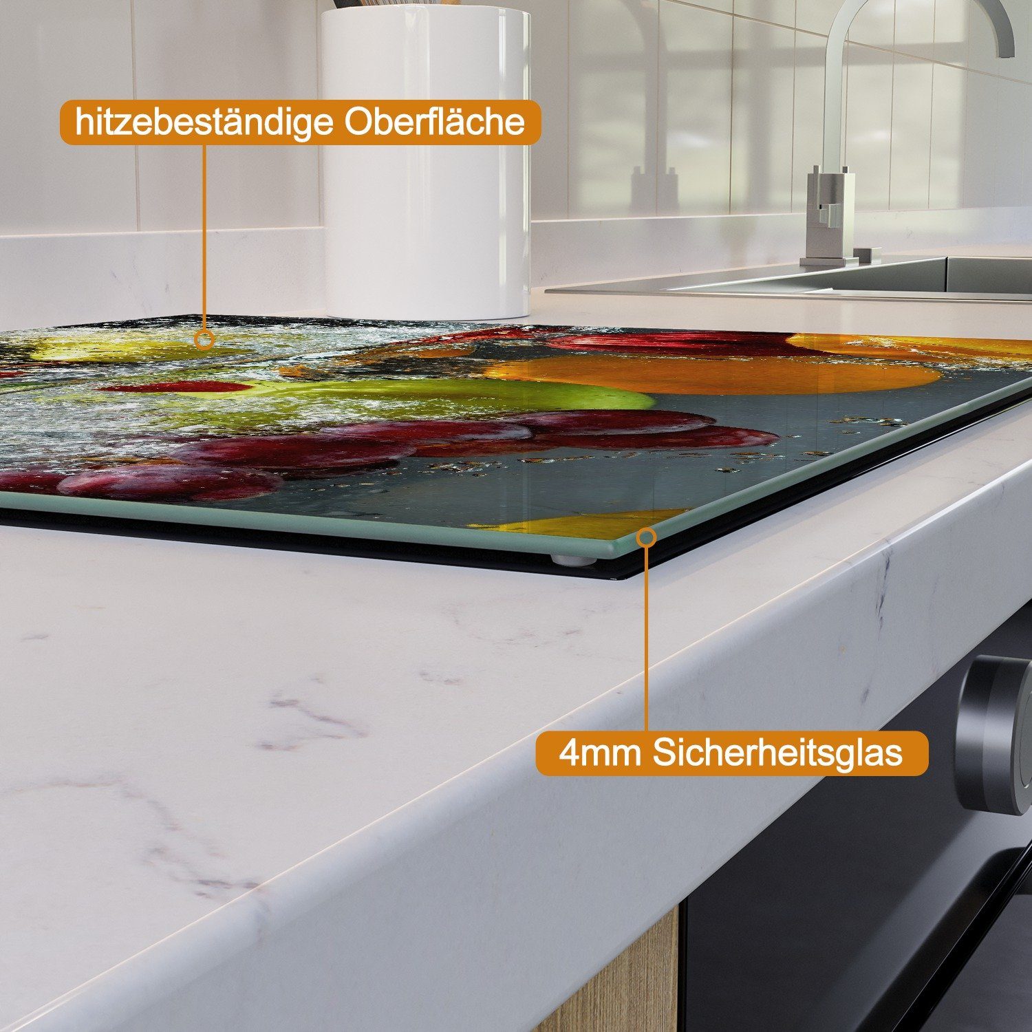 Wallario Herd-Abdeckplatte Früchte im und unter Wasser - Splashing Fruits, ESG-Sicherheitsglas, (Glasplatte, 1 tlg., inkl. 5mm Noppen), verschiedene Größen – Bild 4 von 5