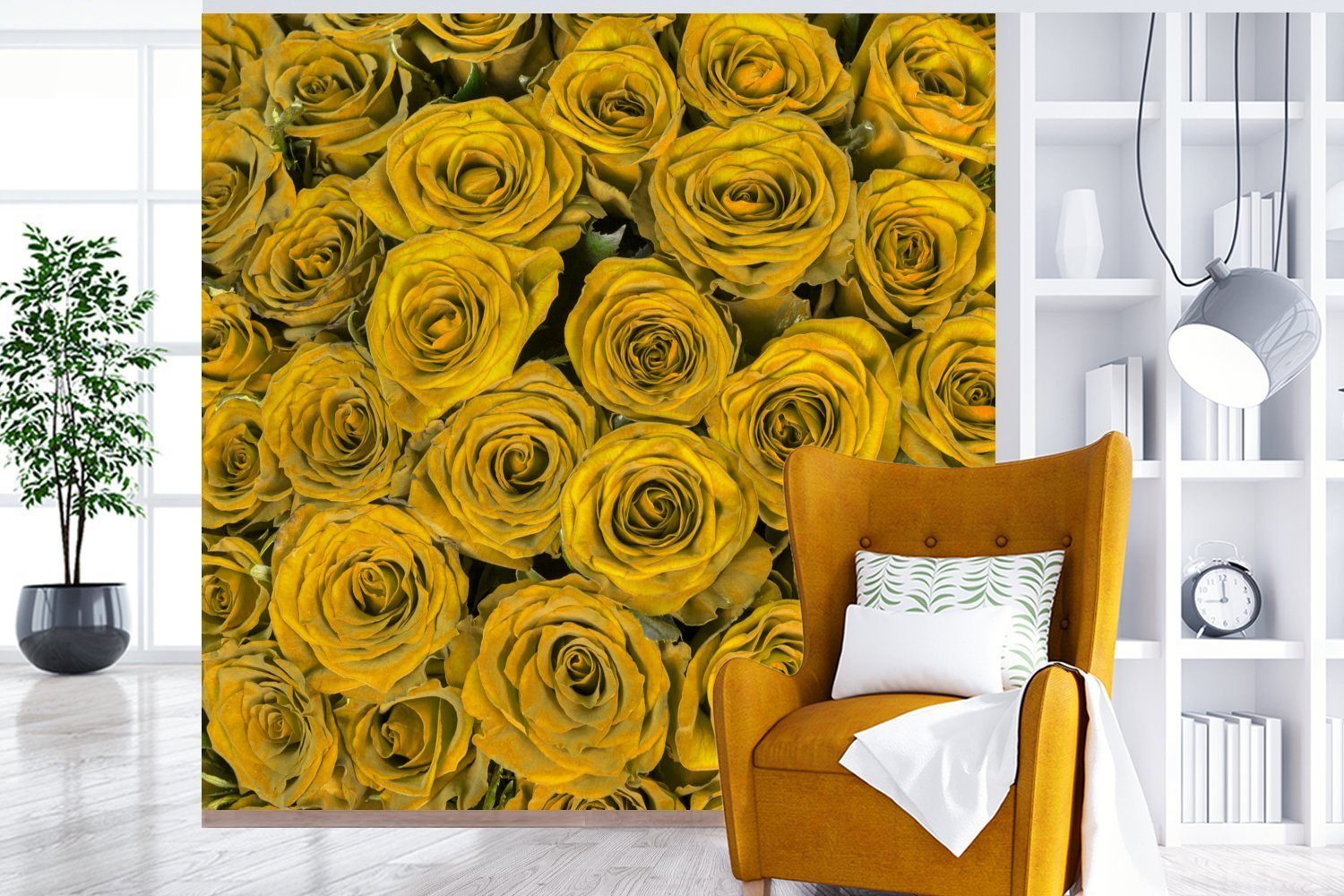 oder Matt, Vinyl Wandtapete - MuchoWow Schlafzimmer, Rosen für Tapete Blumenstrauß, St), (5 Wohnzimmer - Gelb Fototapete bedruckt,