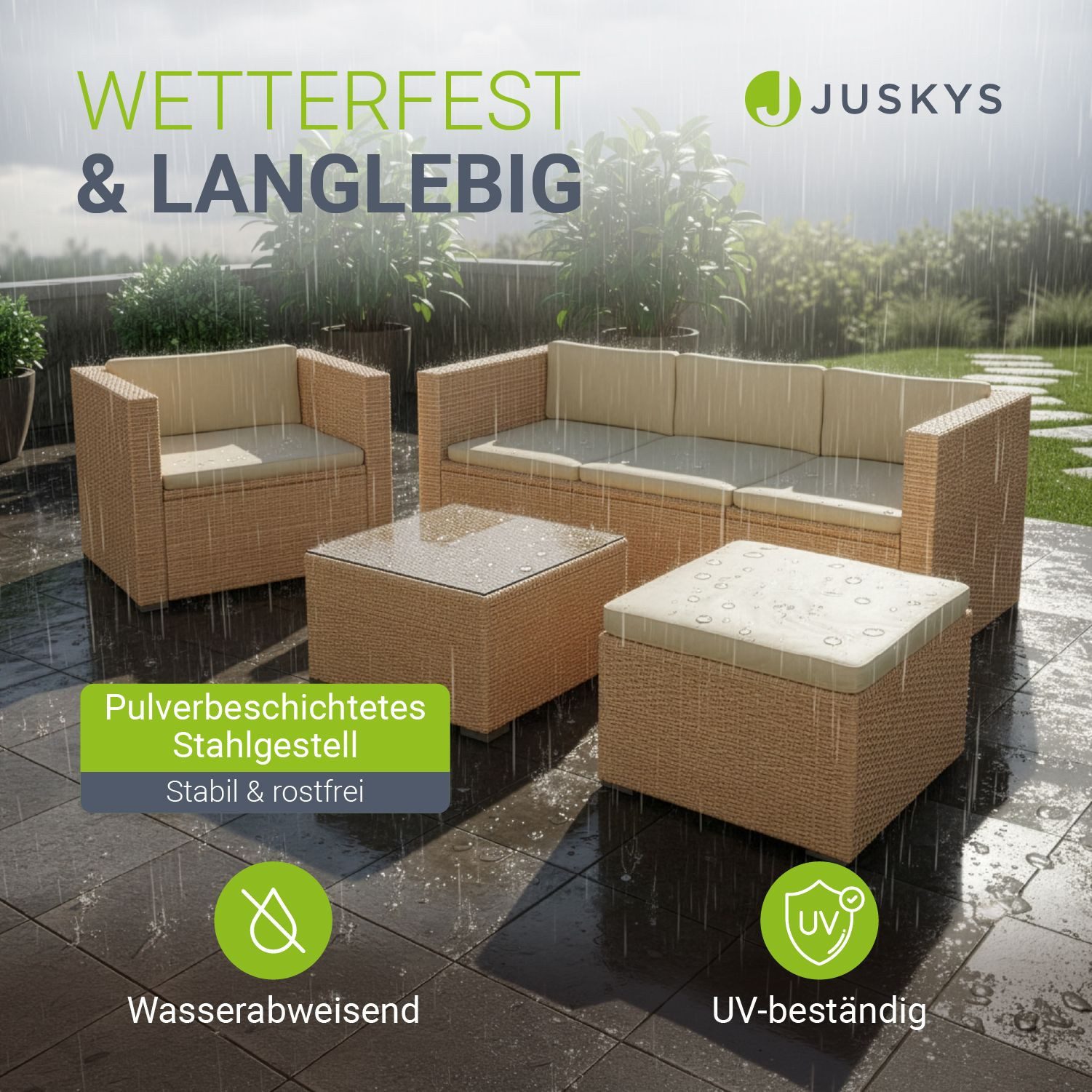 Juskys Gartenlounge-Set Punta Cana, (Set, Sitzgruppe), Sitzgarnitur, 1 Tisch, 1 Ecksofa, 1 Sessel, 1 Hocker, 1 Abdeckung