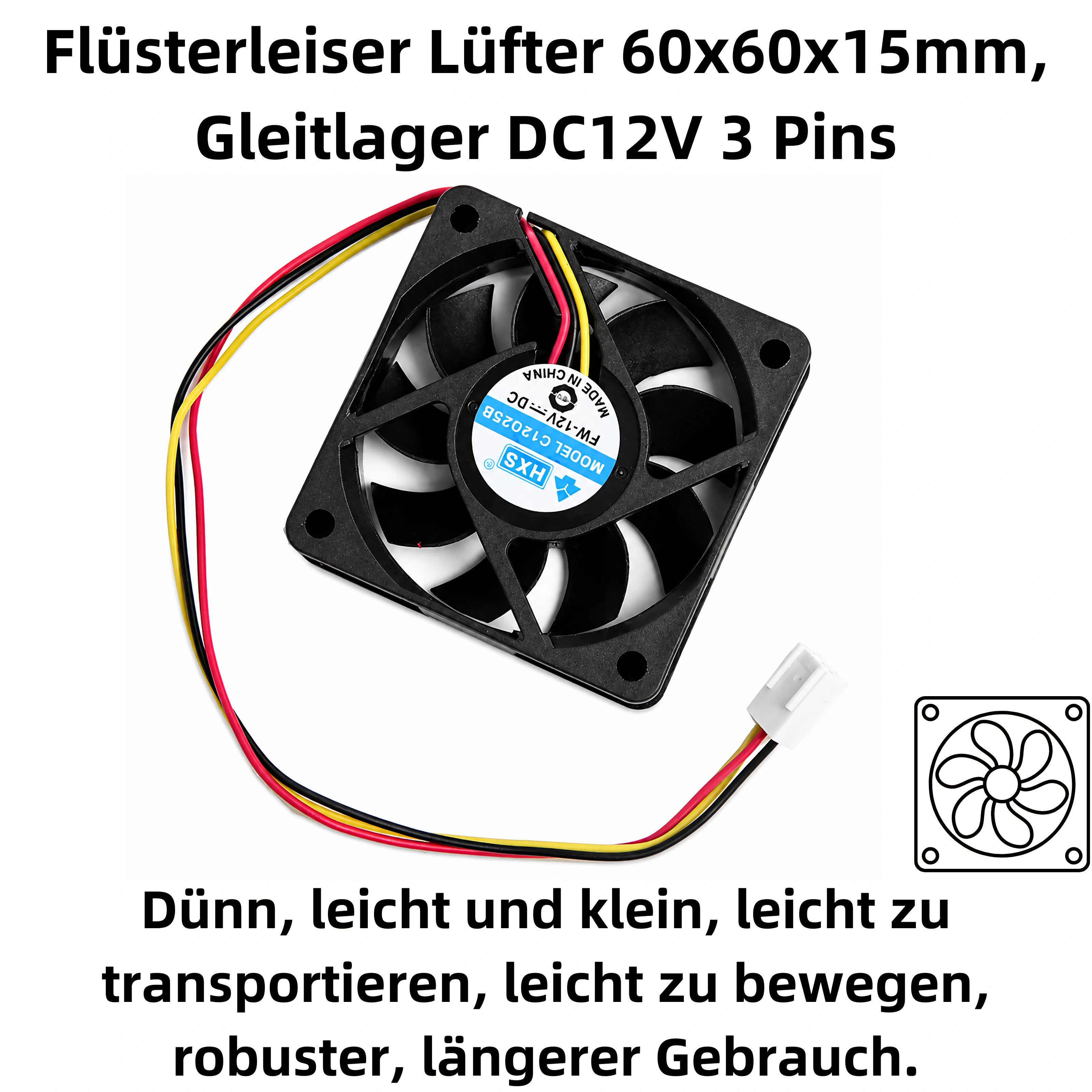 Bolwins Computer-Kühler R04 3pin 12V 60x60x15mm Brushless Lüfter Lüfterkühler Kühler Lüfter PC, 4500 RPM, leise 13 dB, langlebig, 3-Pin-Anschluss – Bild 2 von 5