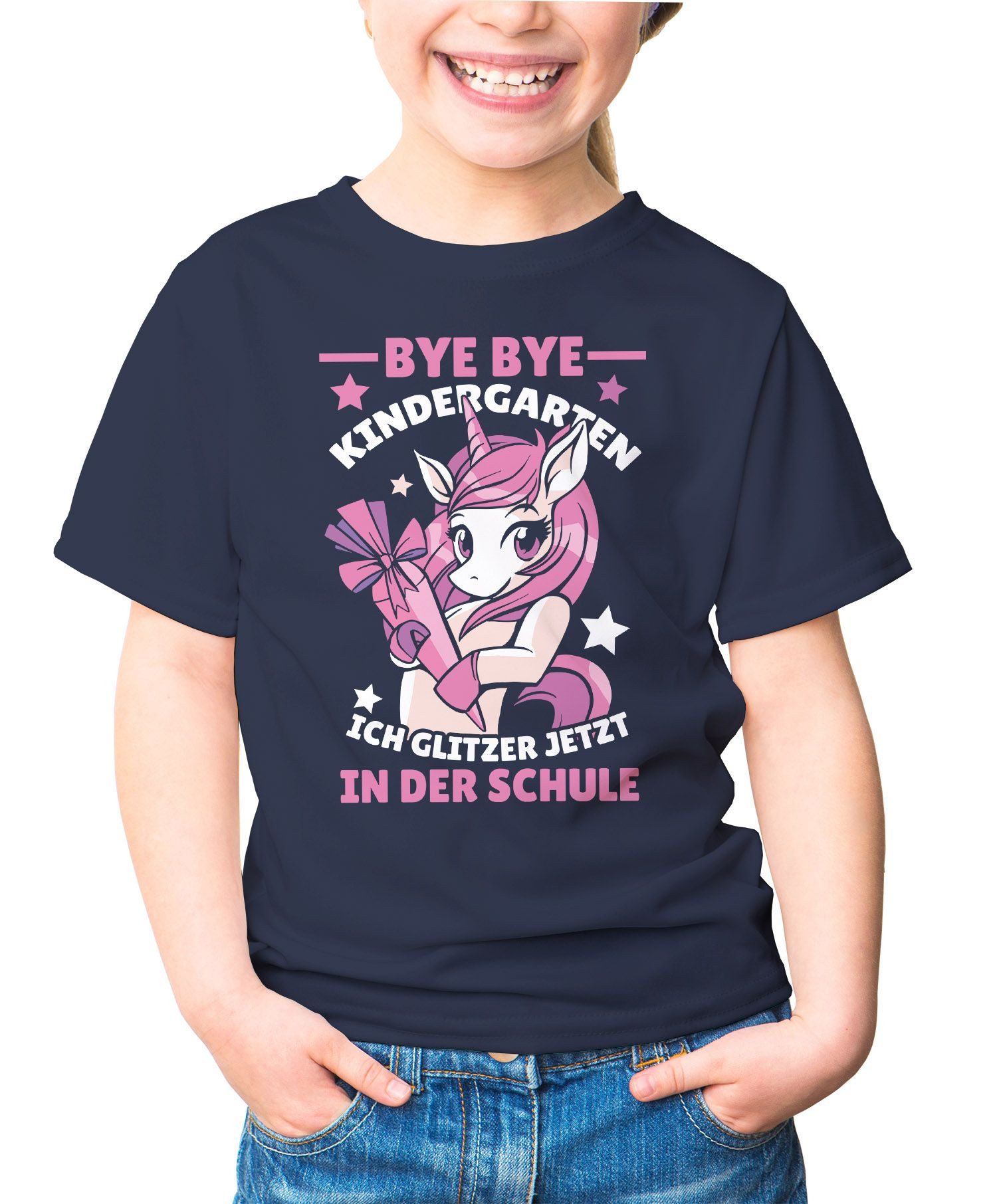Print-Shirt Kinder T-Shirt Mädchen mit Einhorn Motiv und Spruch Bye Bye