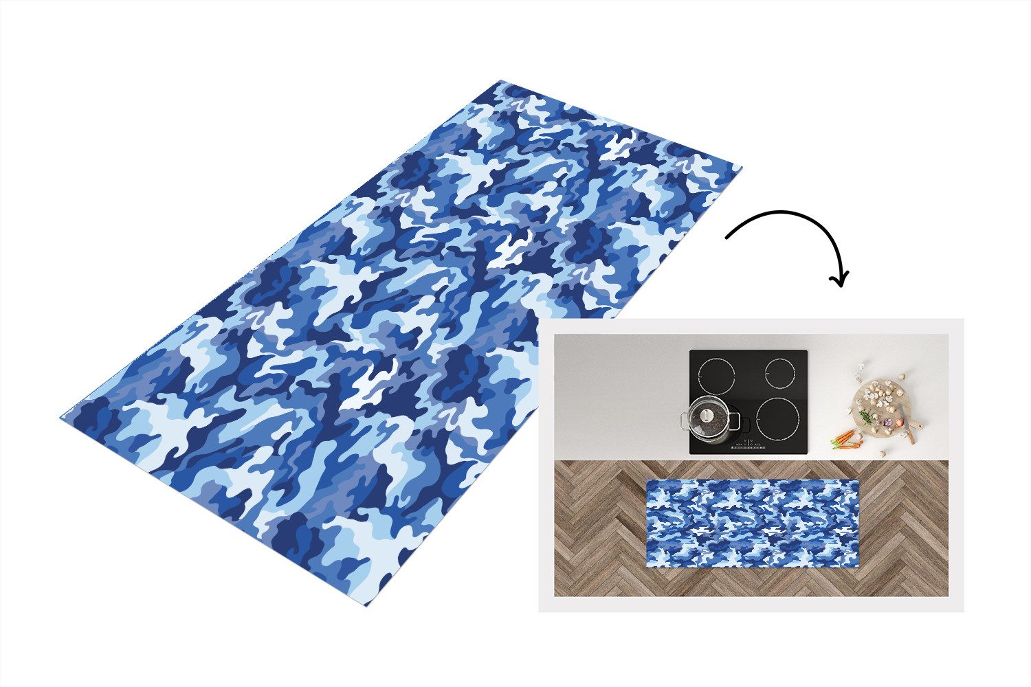 MuchoWow Küchenläufer Blau - Camouflage - Gewellt, aus Kunststoff, Küchenteppich, Дорожка für Küche, Rutschfest, Küchendeko, 120x50 cm