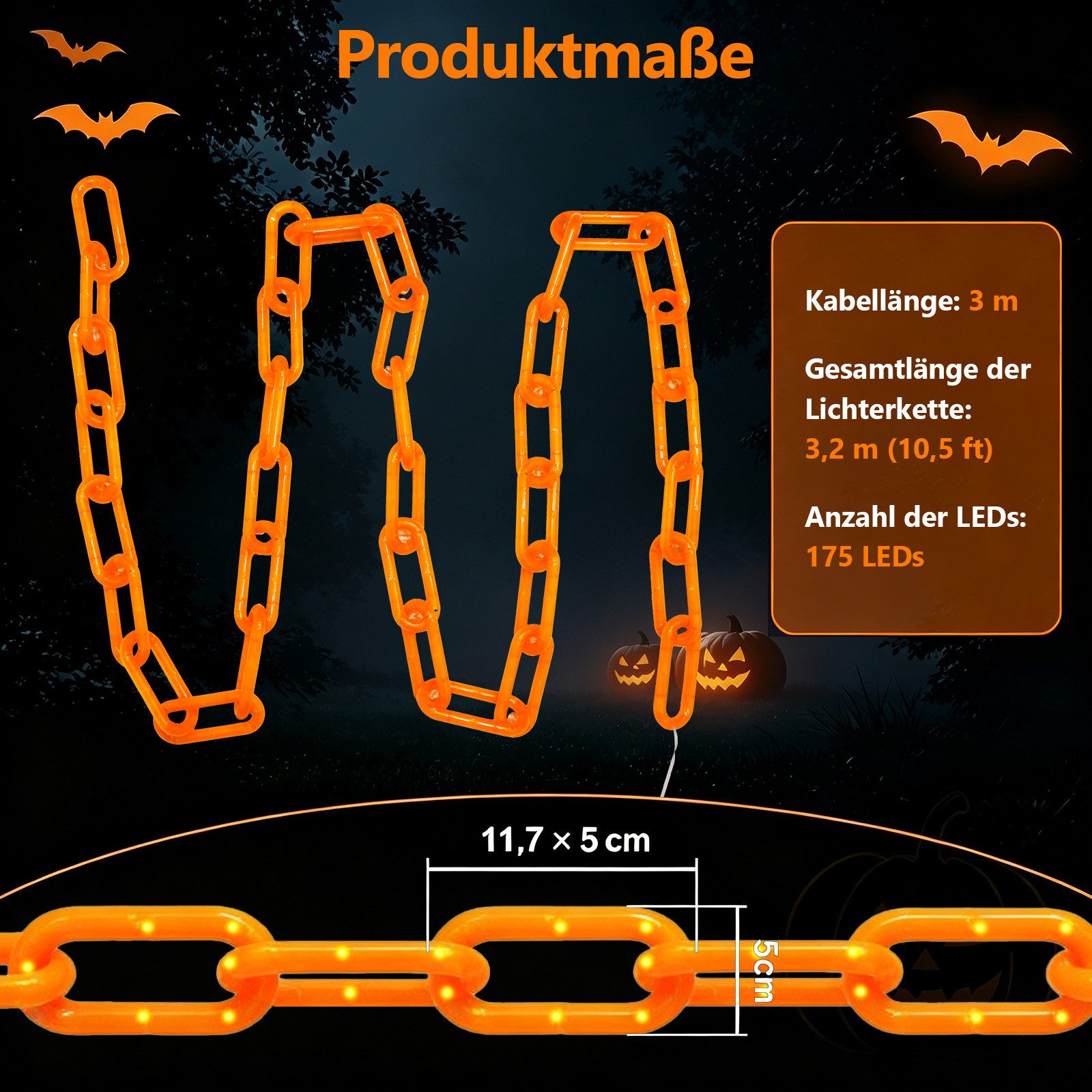 OZAVO LED-Lichterkette Halloween Lichterkette 3,2 m mit 175 LEDs, 8 Lichtmodi &Timer-Funktion, USB & Batteriebetrieben,Halloween Deko für Garten, Veranda, Spukh – Bild 2 von 5