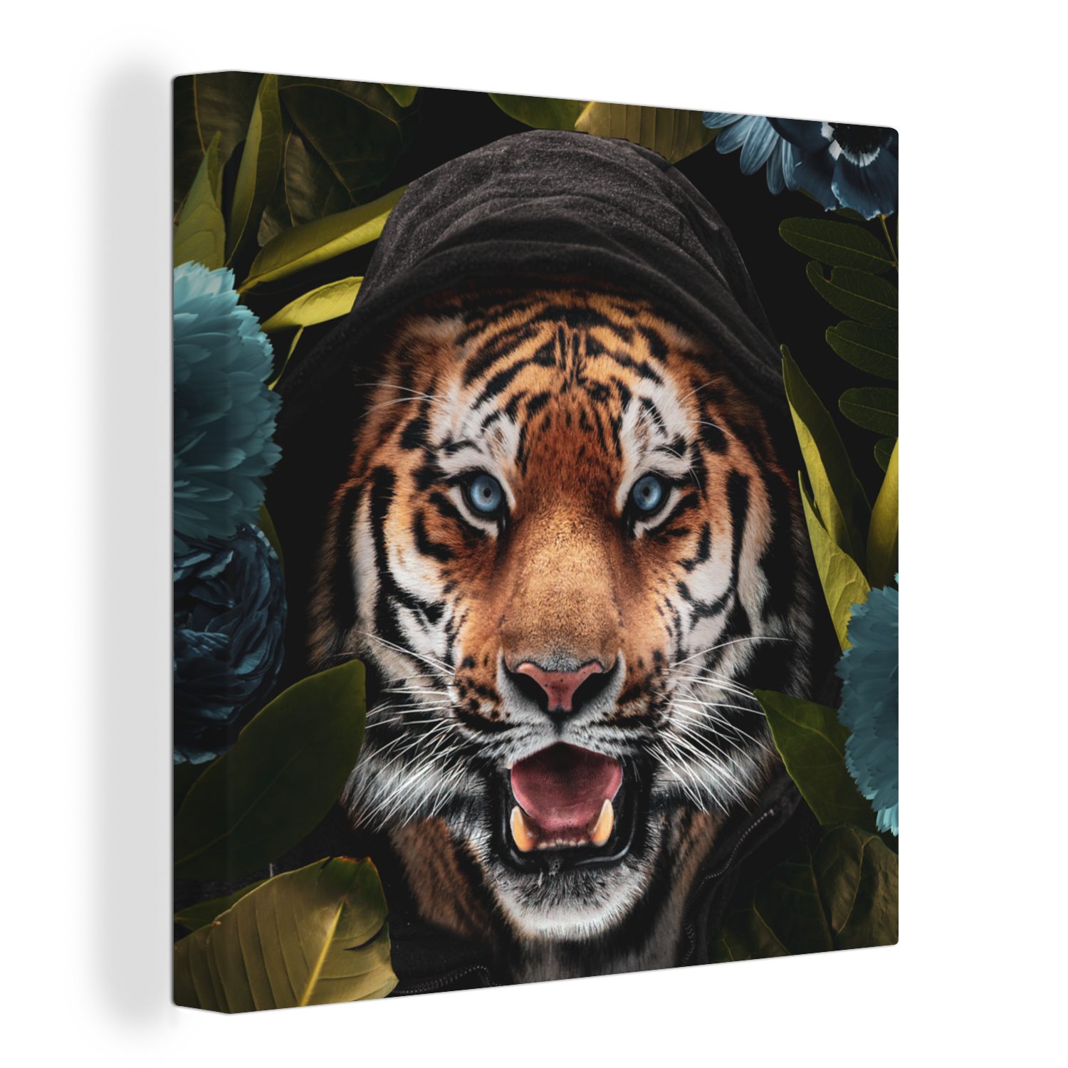OneMillionCanvasses® Leinwandbild Tiger - Blumen - Kleidung, (1 St), Leinwand Bilder für Wohnzimmer Schlafzimmer