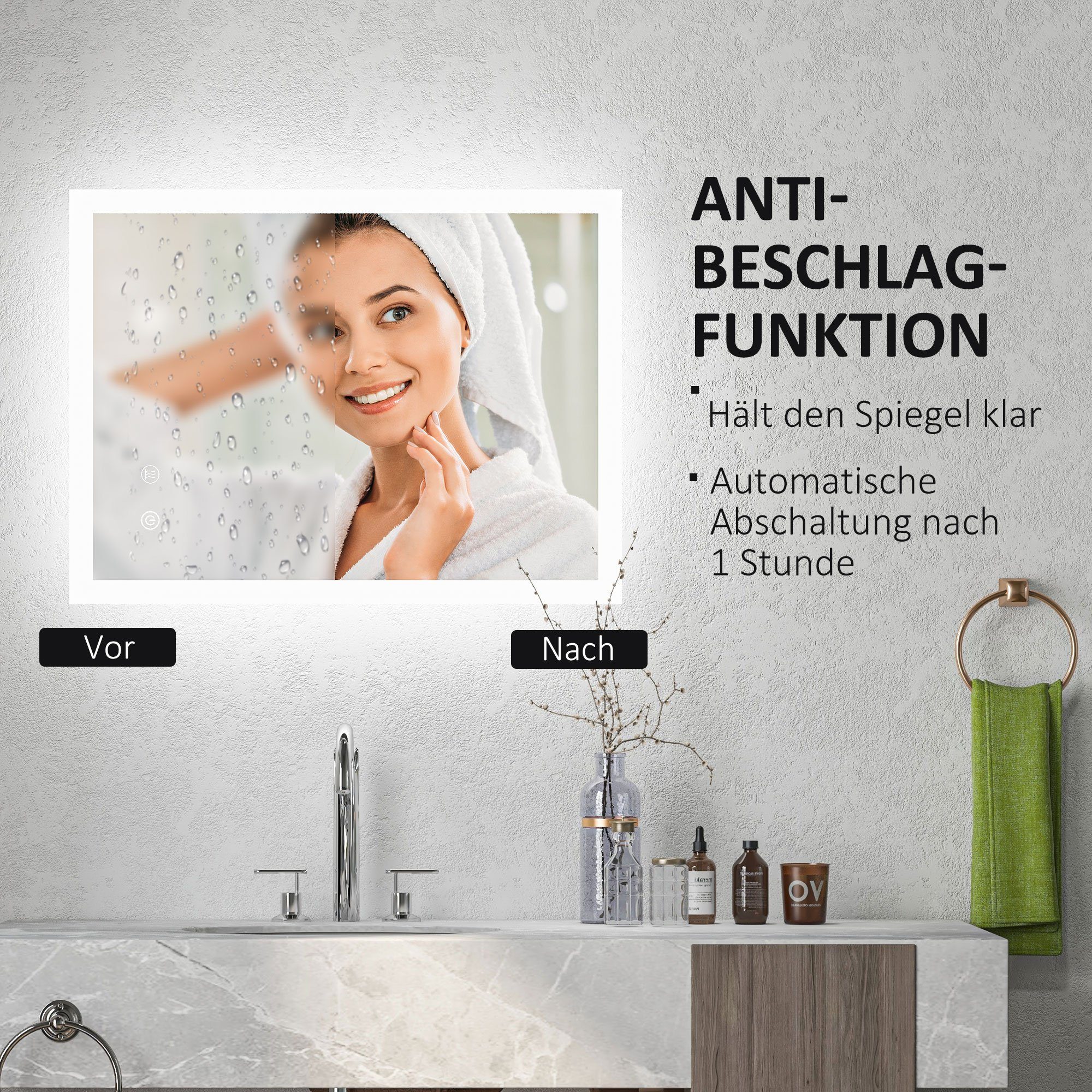 Kleankin Badspiegel Badspiegel mit LED-Beleuchtung, Lichtspiegel mit Touchschalter (beschlagfreier Wandspiegel mit 3 Lichtfarben, 1-St., IP44 Wasserdicht), Memory-Funktion, 70cm x 50cm x 3cm