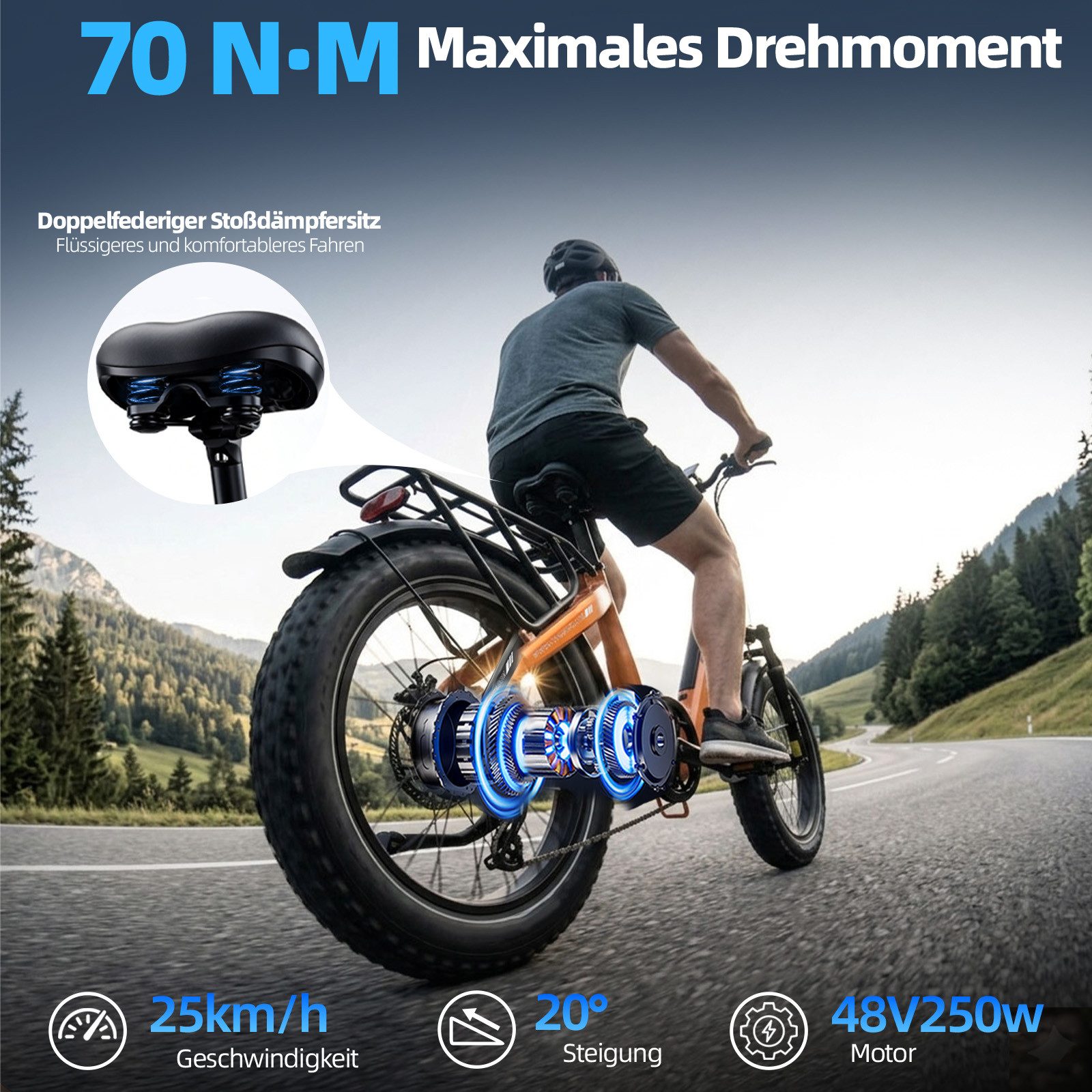 TTGO E-Bike Klapprad 20x4 Zoll, 70Nm Hinterradmotor, 140km, F6B, Drehmomentsensor, 7 Gang SHIMANO, Kettenschaltung, Heckmotor, 864 Wh, MAX. 150kg, Federgabel mi – Bild 4 von 5