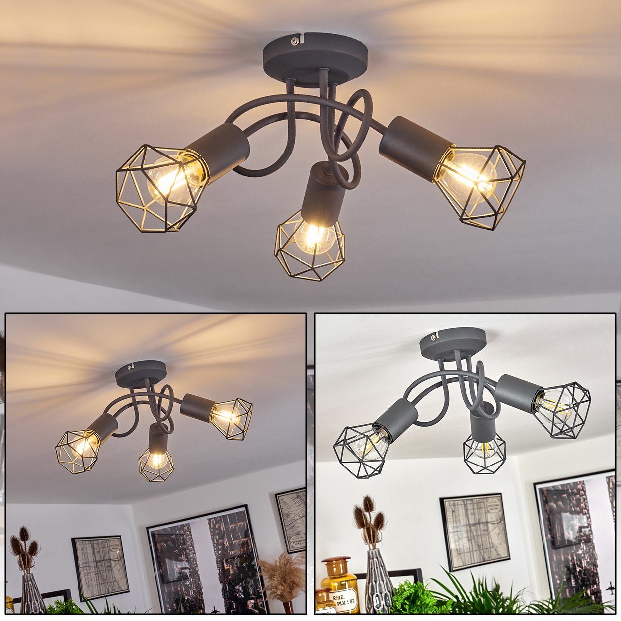 hofstein Deckenleuchte »Borio« runde Deckenlampe im Industrial Design aus Metall in Grau, ohne Leuchtmittel, moderne Leuchte mit Schirmen in Gitter-Optik u. Lichteffekt, 3xE14