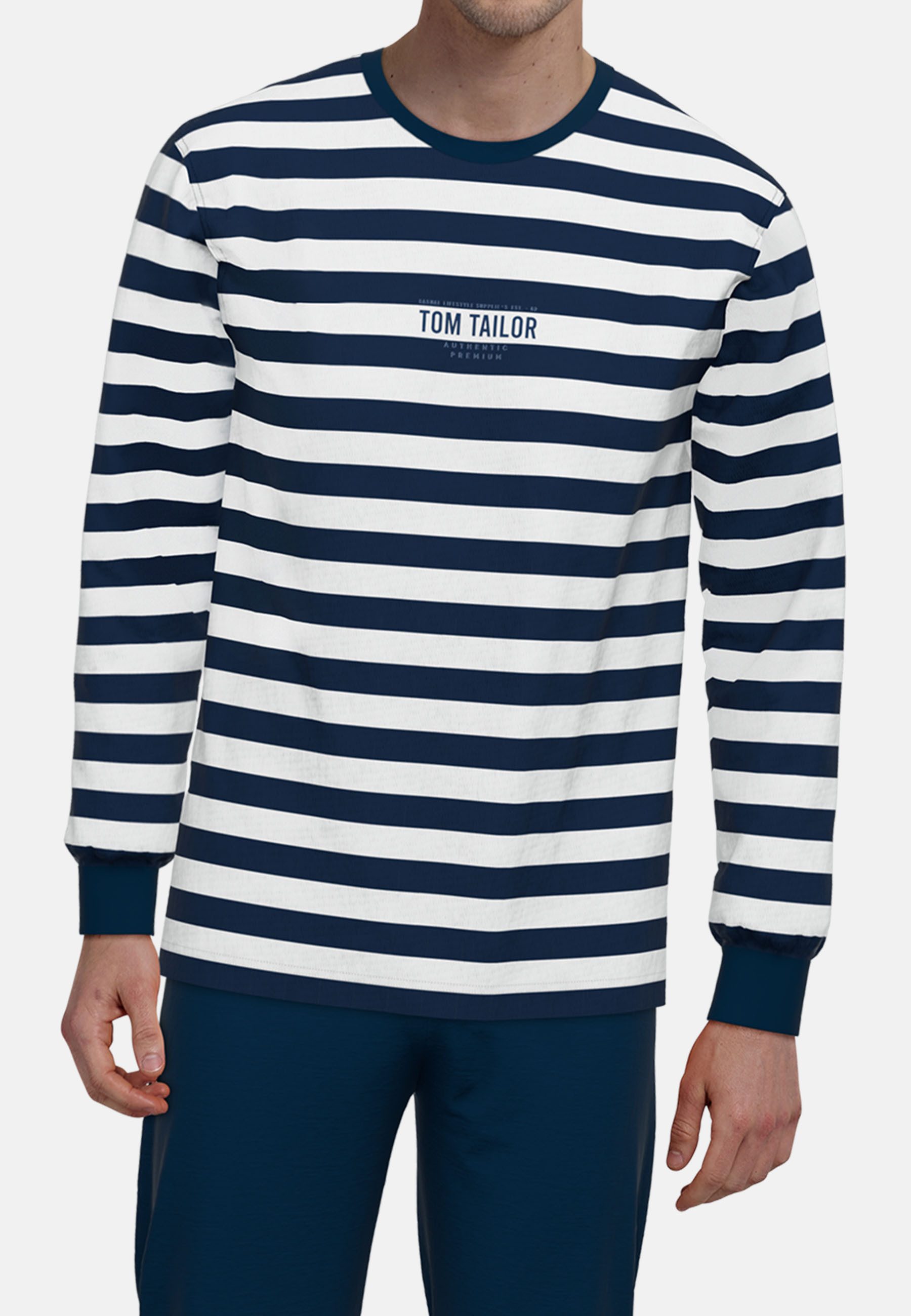 TOM TAILOR Schlafanzug Milos (2 tlg) Langarm, Rundhalsausschnitt, gestreift, basic, Baumwolle